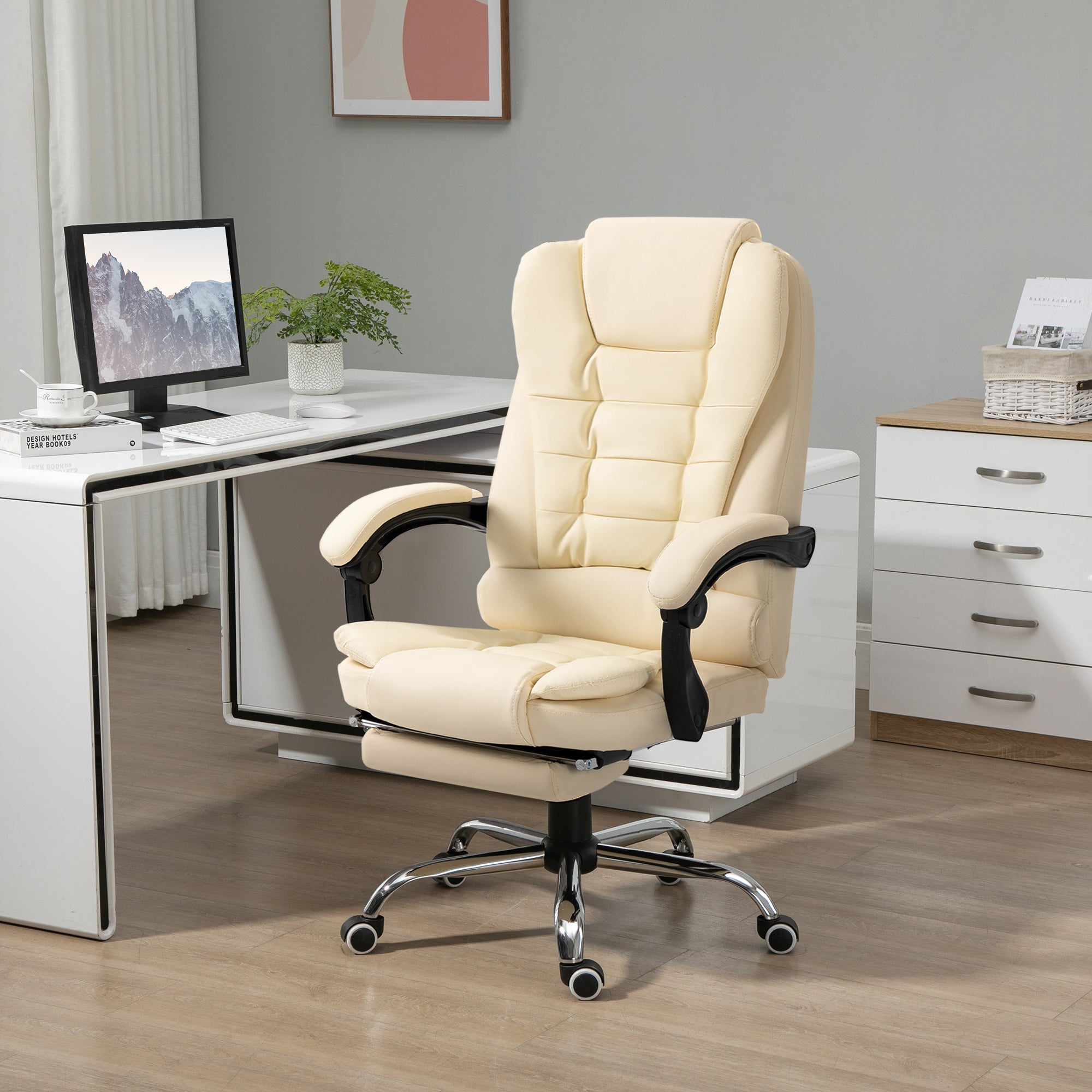 HOMCOM Executive Office Chair, PU Leather High Back Desk Chair with Adjustable Height, Recliner Computer Swivel Chair with Footrest for Home Office, Cream White - North Peak Garden Furniture