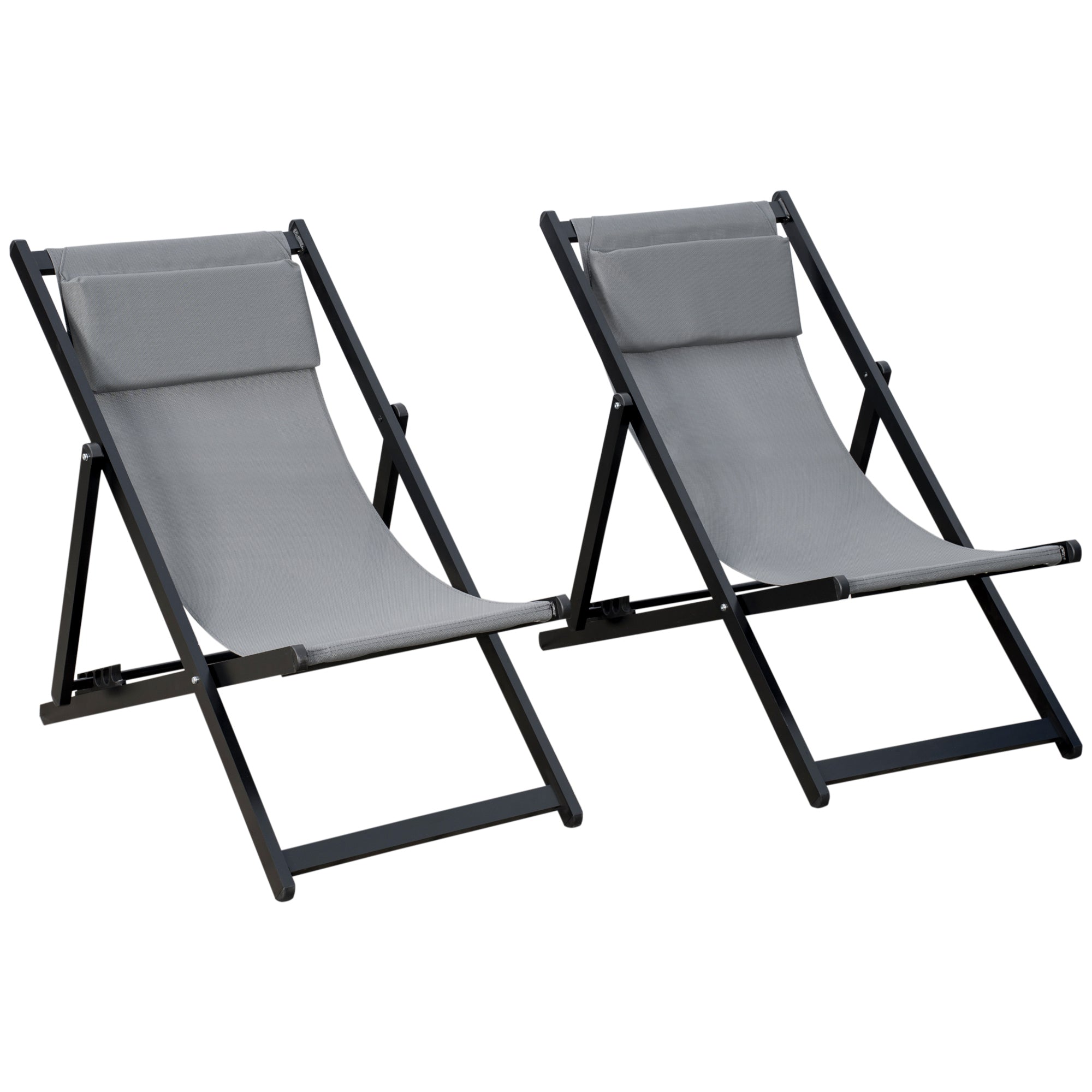 Outsunny Set of 2 Folding Garden Beach Aluminium Frame Deck Chairs Deckchairs Seaside Folding Garden Patio Lounger, Grey - North Peak Garden Furniture