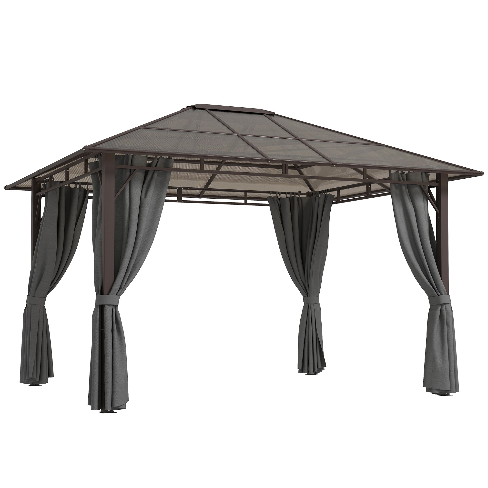 Outsunny 3 x 3.6m Hardtop Gazebo Canopy with Polycarbonate Roof Garden Pavilion with Removable Curtains and Steel Frame, Dark Grey - North Peak Garden Furniture