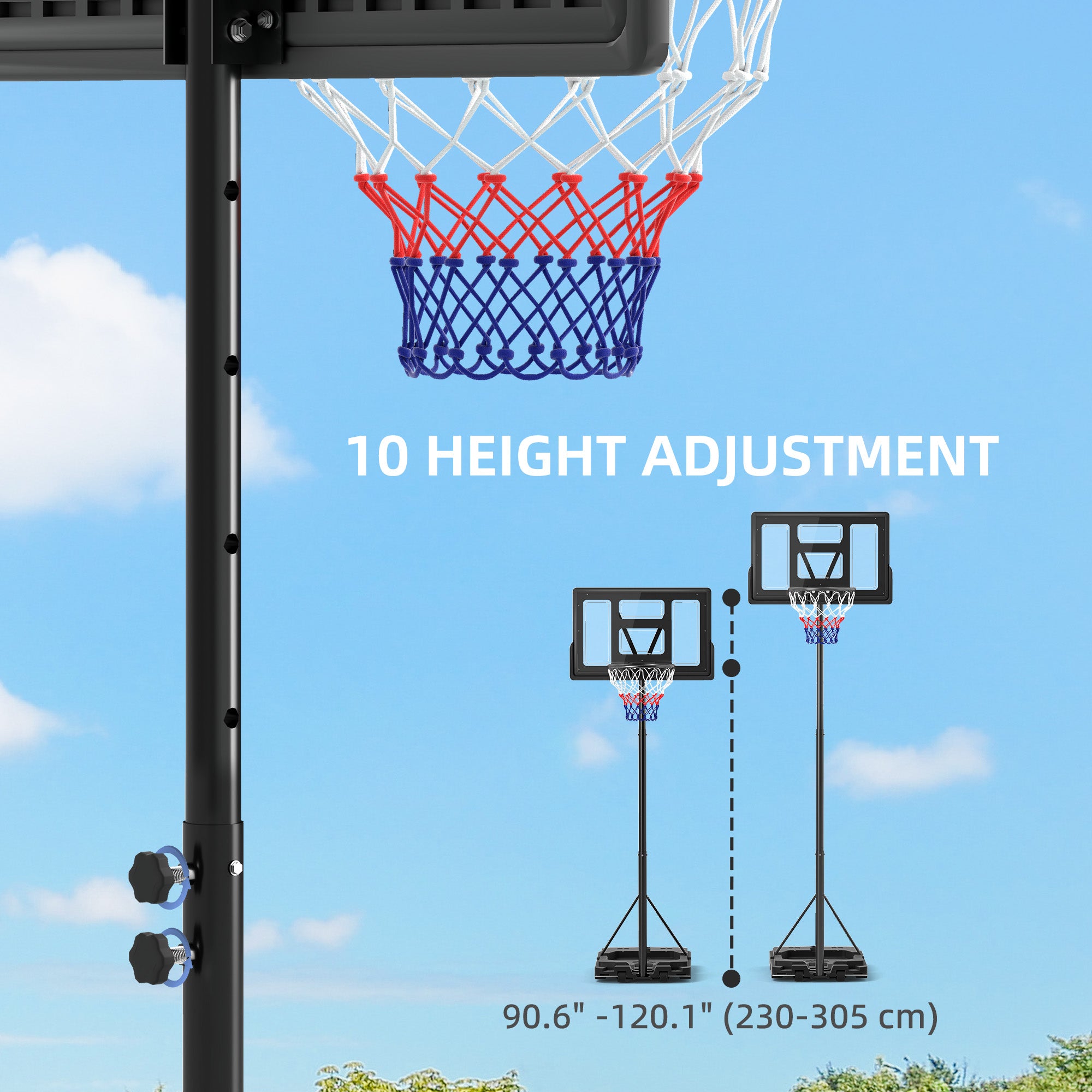 SPORTNOW Basketball Hoop Outdoor, Basketball Hoop and Stand with 10-Level Adjustable Height, Weighted Base, Portable on Wheels, 2.3-3.05m, for Teens, Juniors, Adults