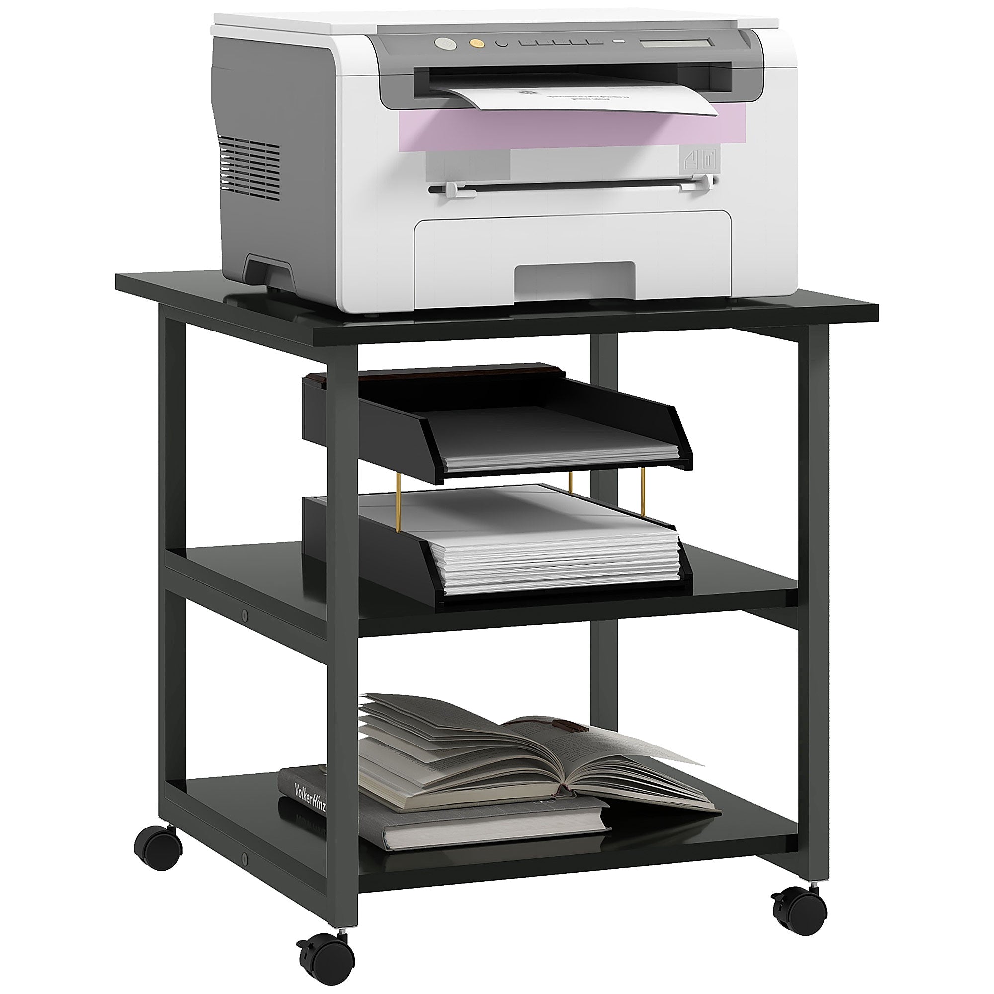 HOMCOM Three-Tier Steel Printer Stand, with Wheels - Black - North Peak Garden Furniture
