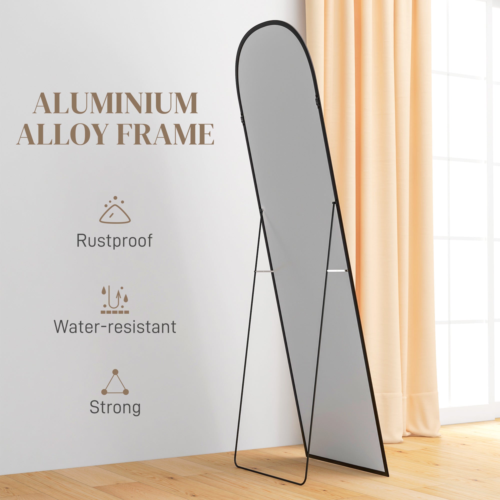 HOMCOM 162cm Aluminium Frame Standing Mirror - Black - North Peak Garden Furniture