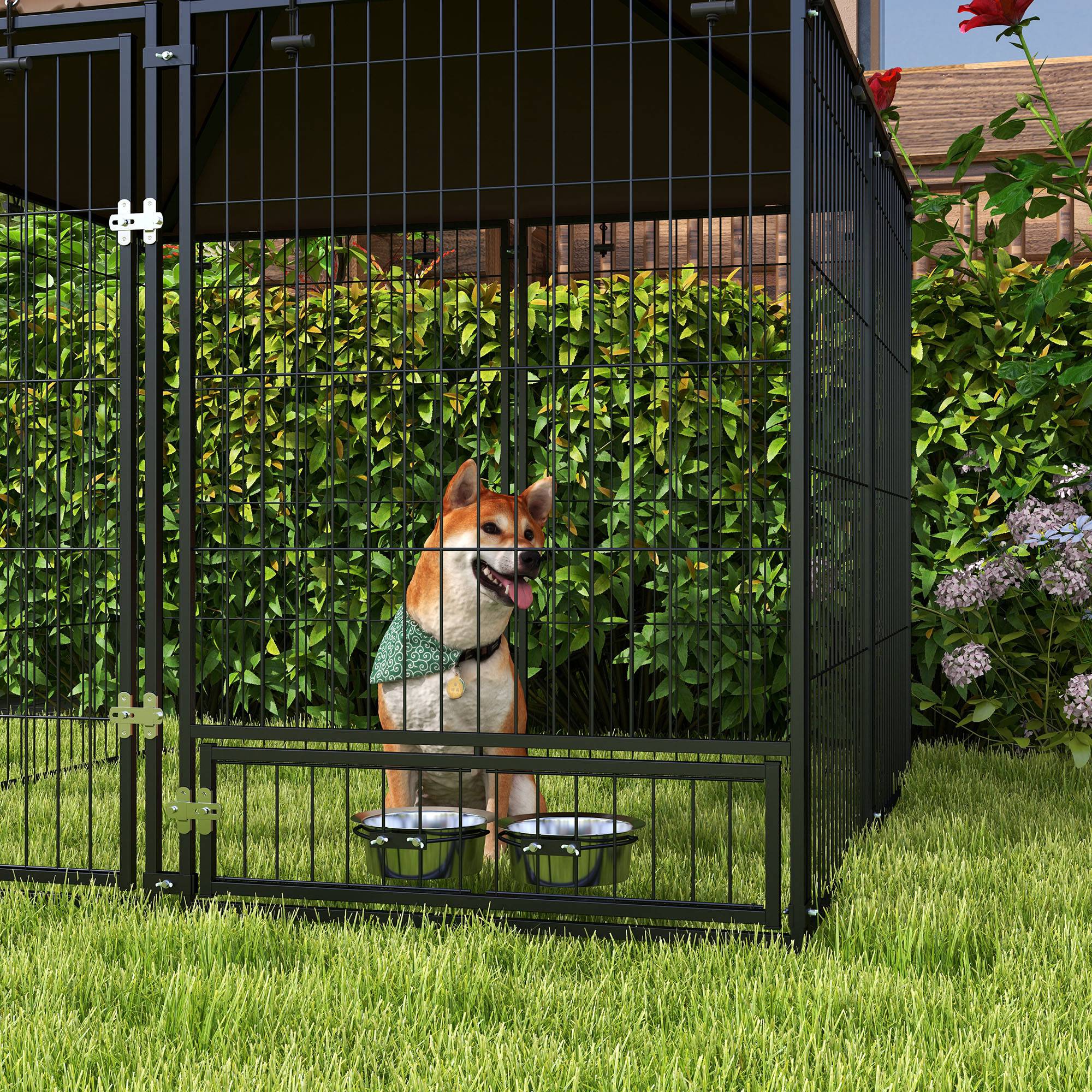 PawHut Outdoor Dog Kennel Puppy Play Pen with Canopy Garden Playpen Fence Crate Enclosure Cage Rotating Bowl 141 x 141 x 151 cm - North Peak Garden Furniture