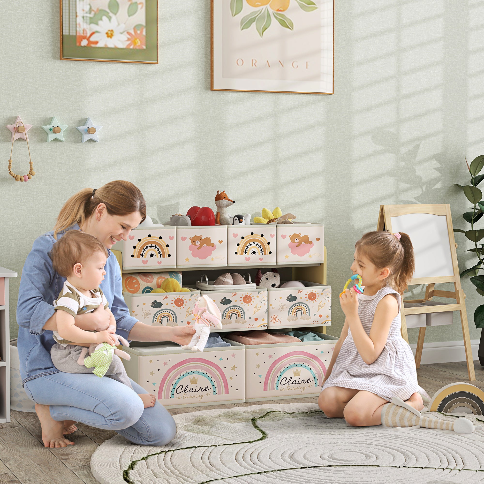 AIYAPLAY 3-Tier Kids Storage Unit with 9 Non-Woven Fabric Boxes for Toys, Books for Bedroom, Nursery, Yellow - North Peak Garden Furniture