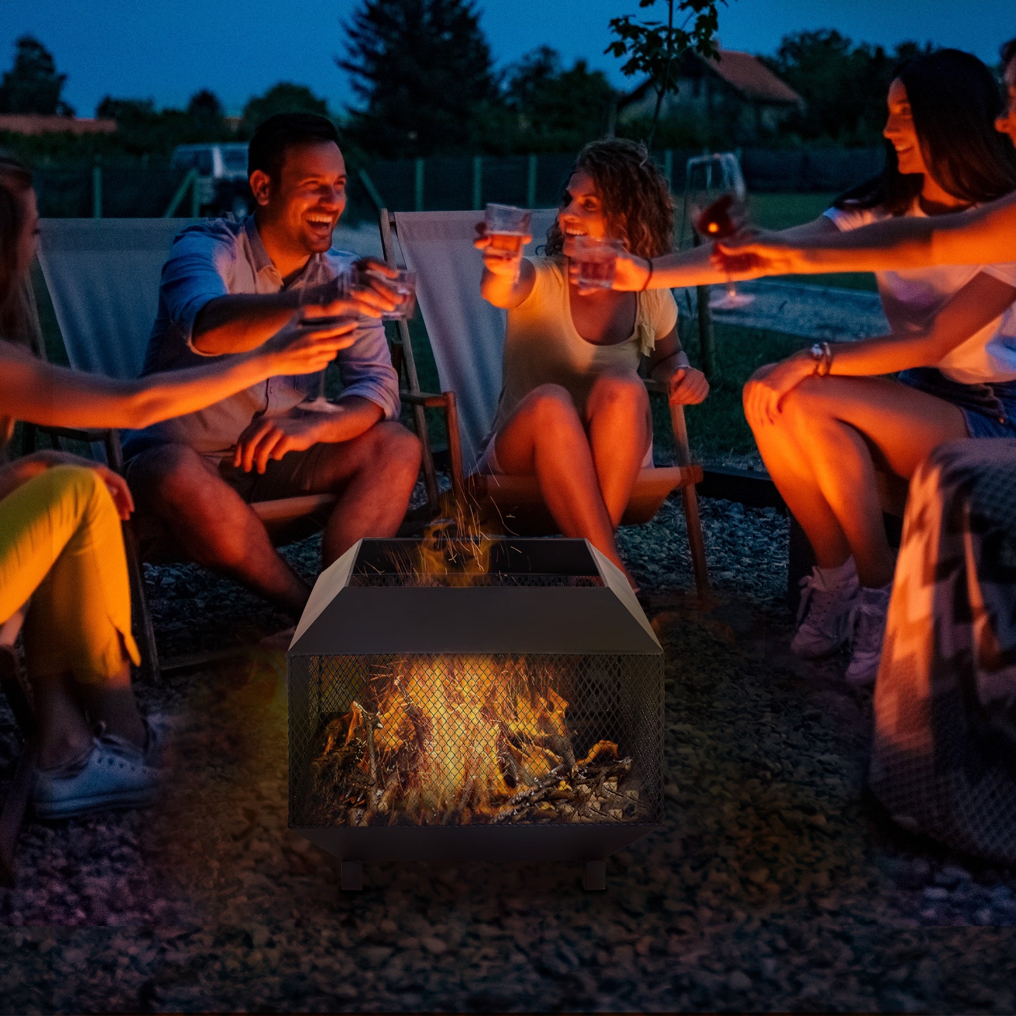 Outsunny Metal Square Fire Pit Outdoor Mesh Firepit Brazier w/ Lid, Log Grate, Poker for Backyard, Camping, Bonfire, Wood Burning Stove, 44 x 44 x 40cm, Black