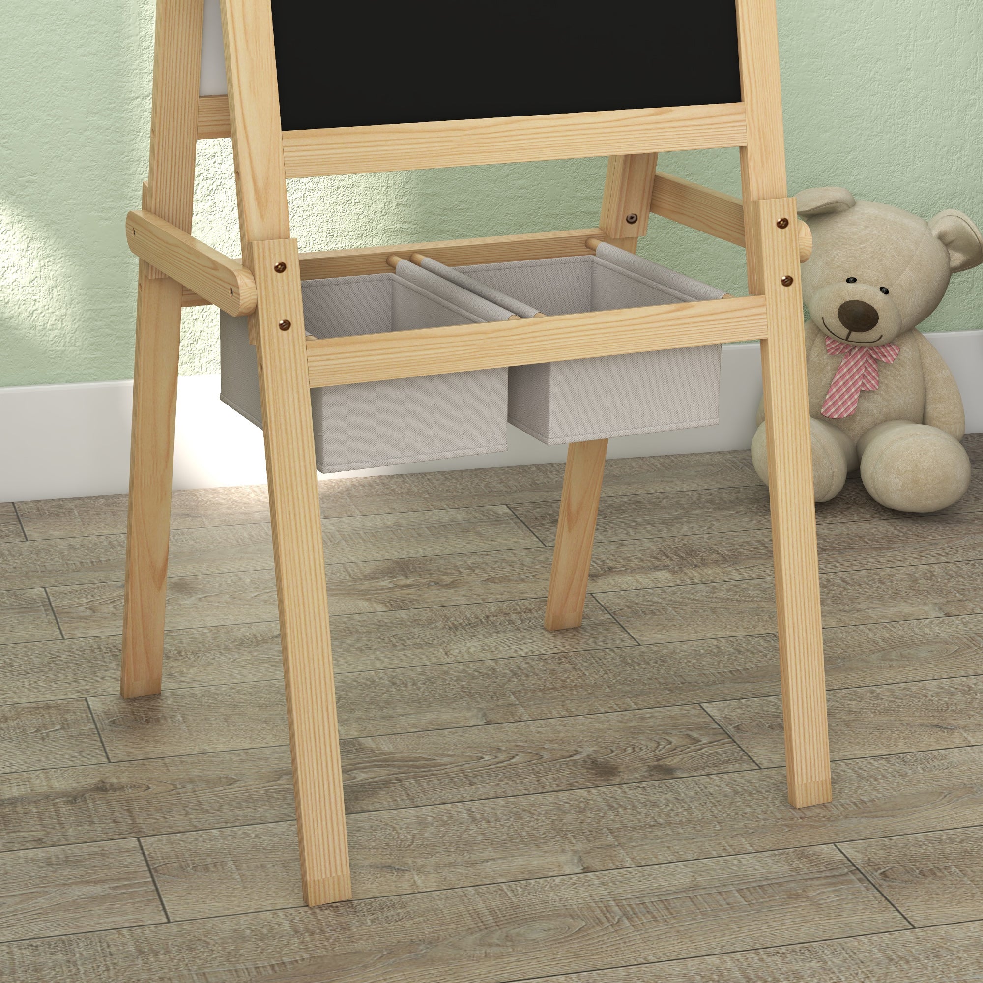 AIYAPLAY Kids Easel with Paper Roll, 3 in 1 Art Easel for Toddlers, Double-Sided Kids Whiteboard Blackboard with Storage Baskets for Ages 3-6 Years - Natural Wood Finish - North Peak Garden Furniture