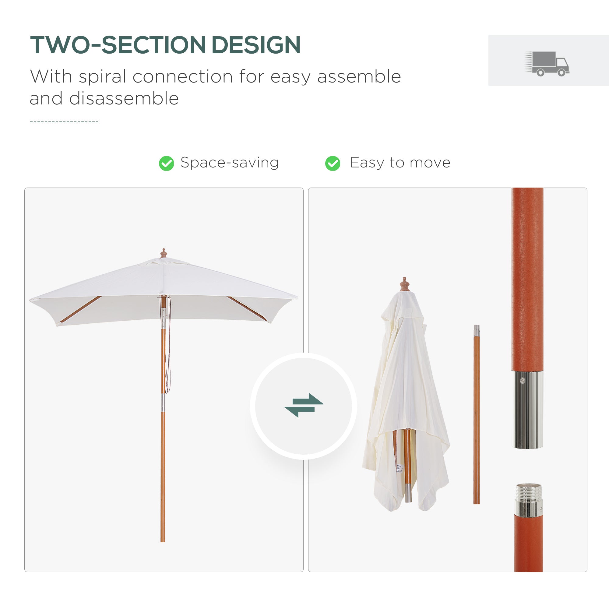 Outsunny 2m x 1.5m Garden Parasol Umbrella with Tilting Sunshade Canopy, Outdoor Market Table Umbrella with Wood and Bamboo Frame, Cream White