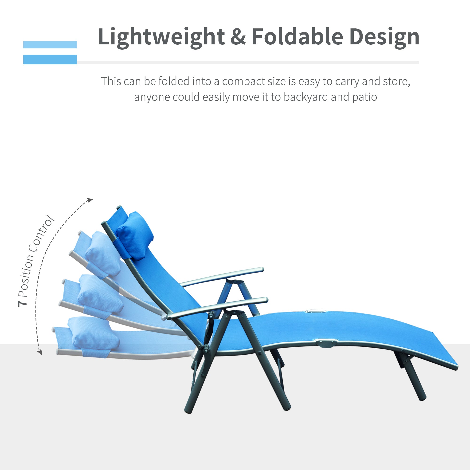 Outsunny Sun Lounger Steel Frame Outdoor Folding Chaise Texteline Lounge Chair Recliner with Headrest & 7 Levels Adjustable Backrest, Blue - North Peak Garden Furniture