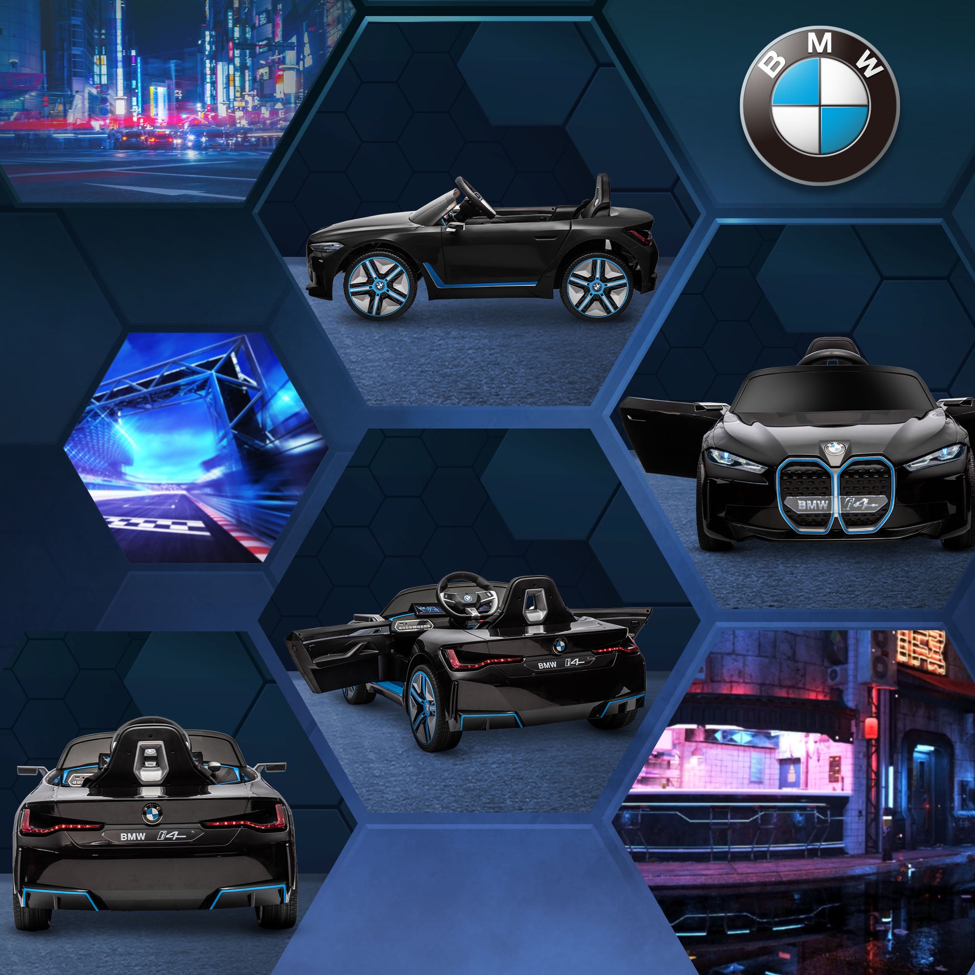 HOMCOM BMW i4 Licensed 12V Kids Electric Ride-On Car, with Remote Control, Portable Battery, Music, Horn, Headlights - Black - North Peak Garden Furniture