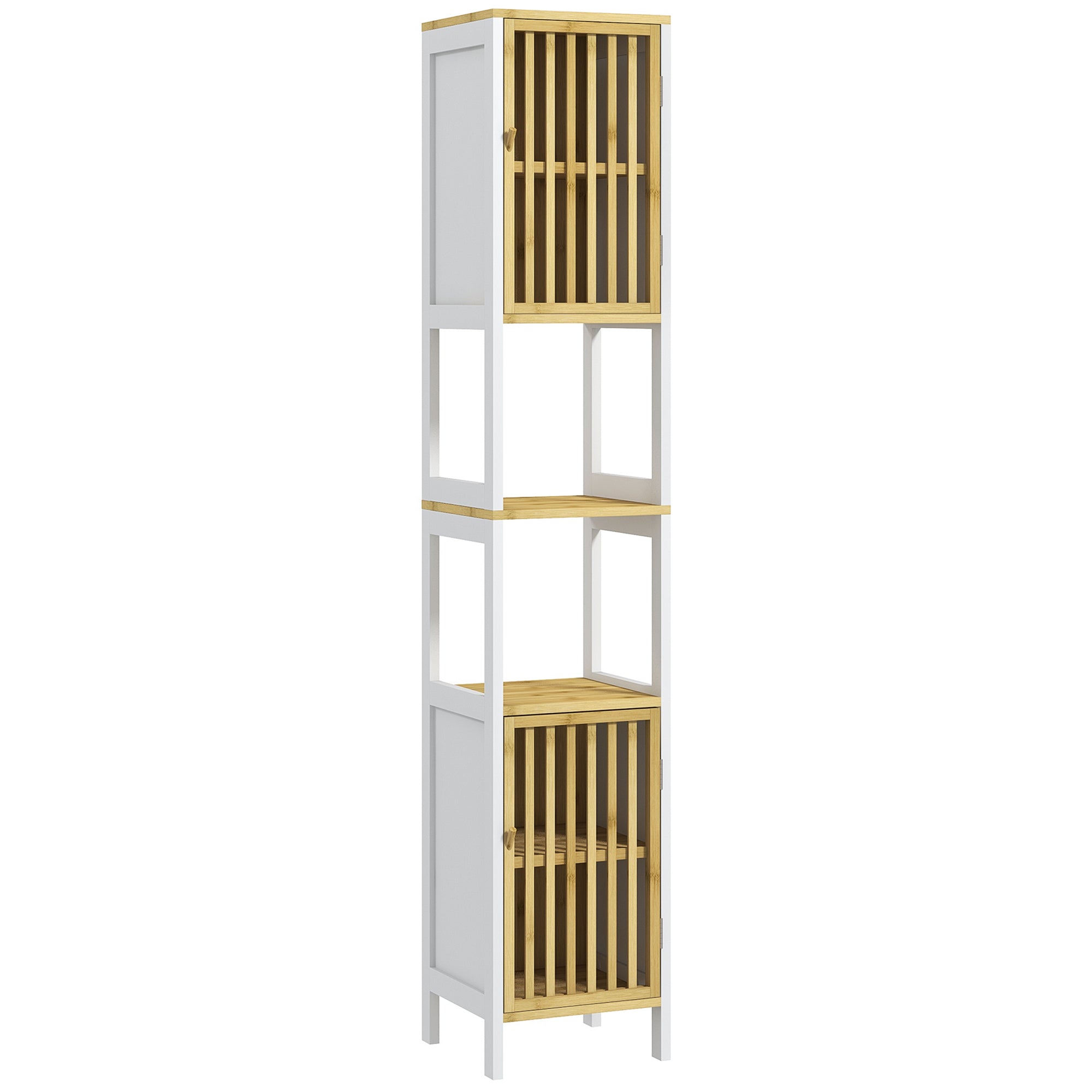 HOMCOM Bamboo-Blend Retro Cut-Out Tall Bathroom Storage Unit - North Peak Garden Furniture