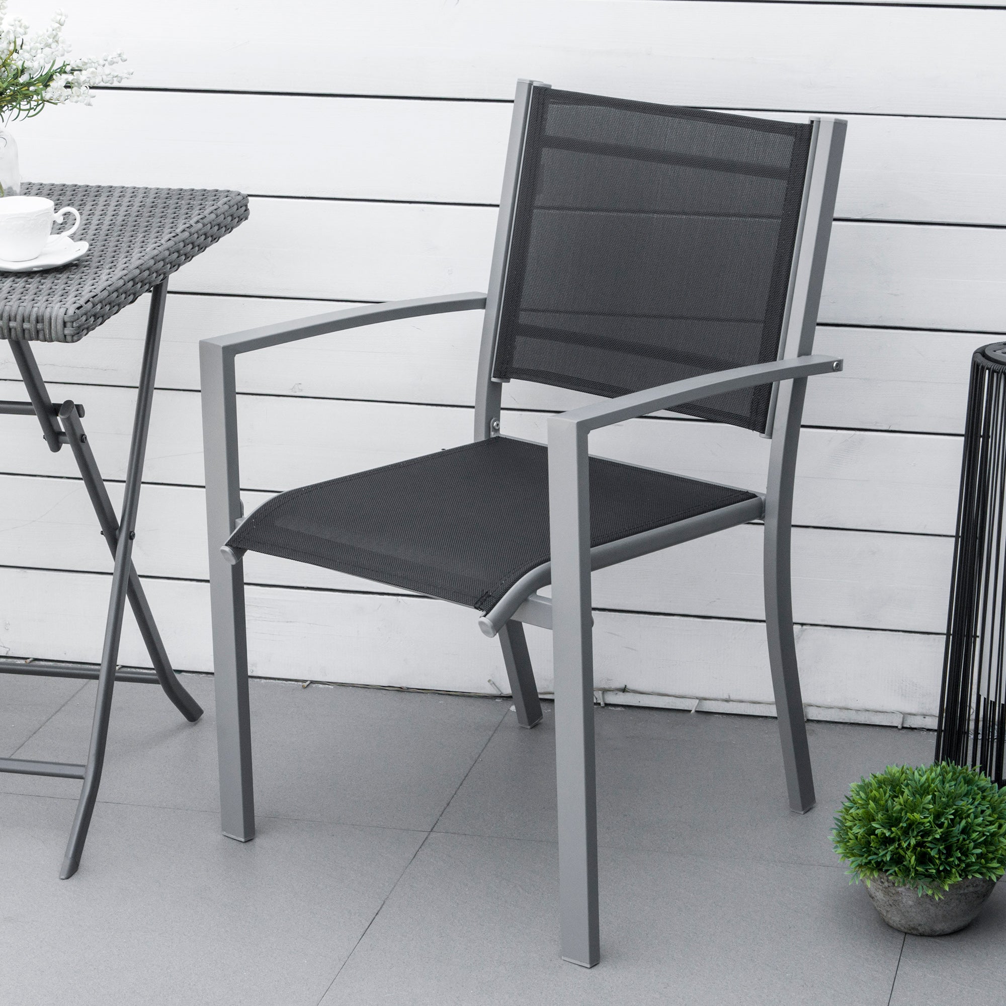 Outsunny Outdoor Chairs, Set of 2, Square Steel Frame, Texteline Seats, Foot Caps, Mesh, Boxy, Comfortable, Easy Clean, Black/Grey