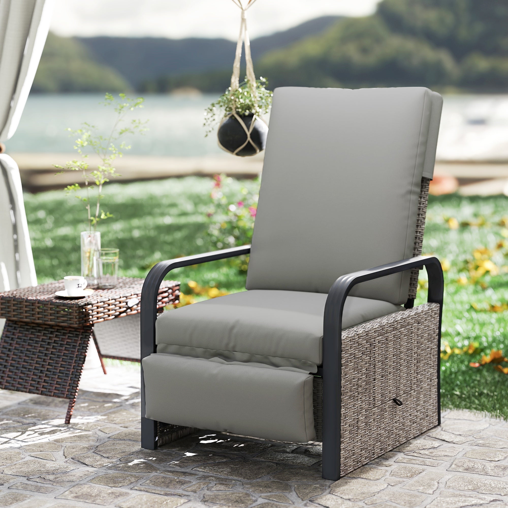 Outsunny 140° Reclining Rattan Armchair - Mixed Grey - North Peak Garden Furniture