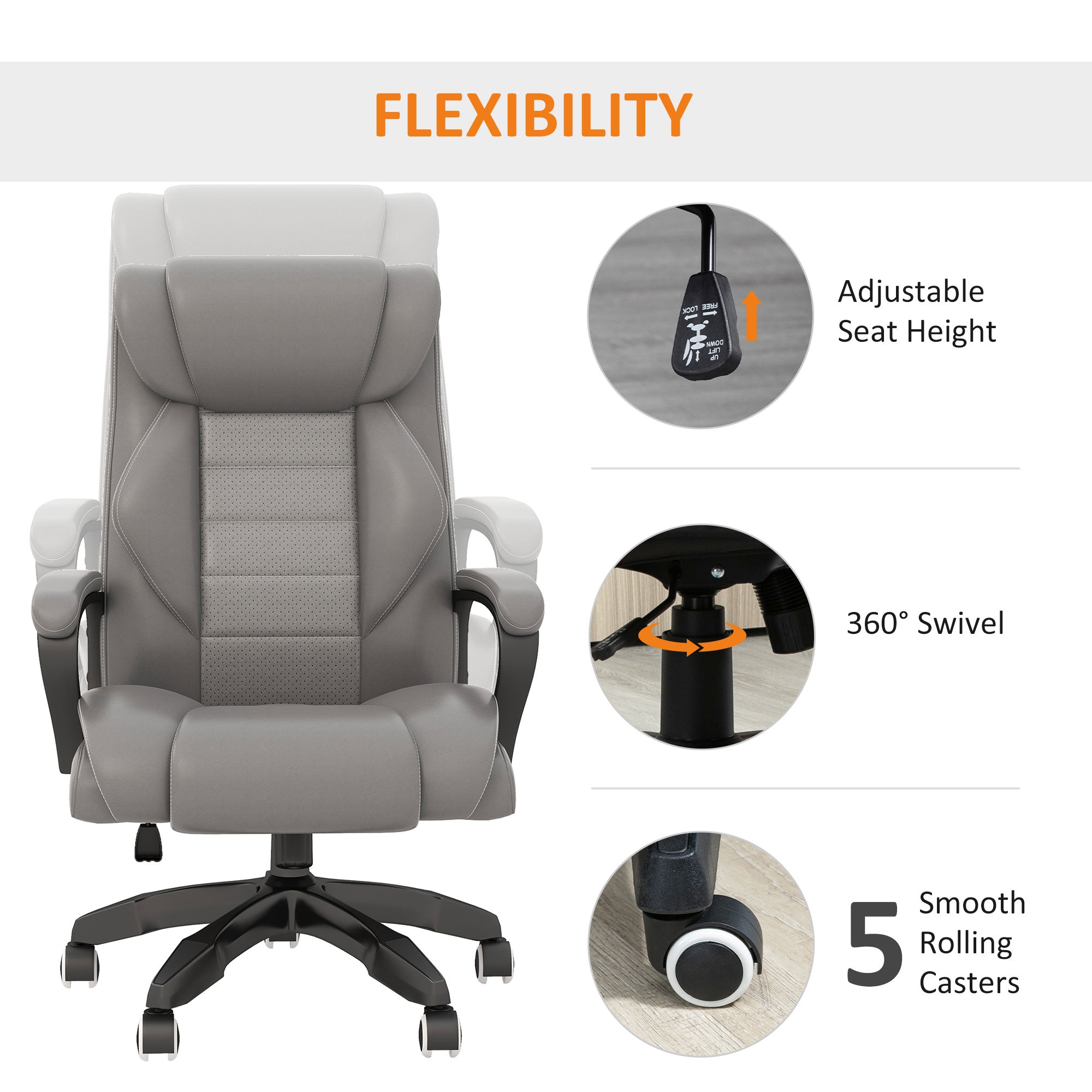 Vinsetto High Back Executive Office Chair 6- Point Vibration Massage Extra Padded Swivel Ergonomic Tilt Desk Seat, Grey - North Peak Garden Furniture