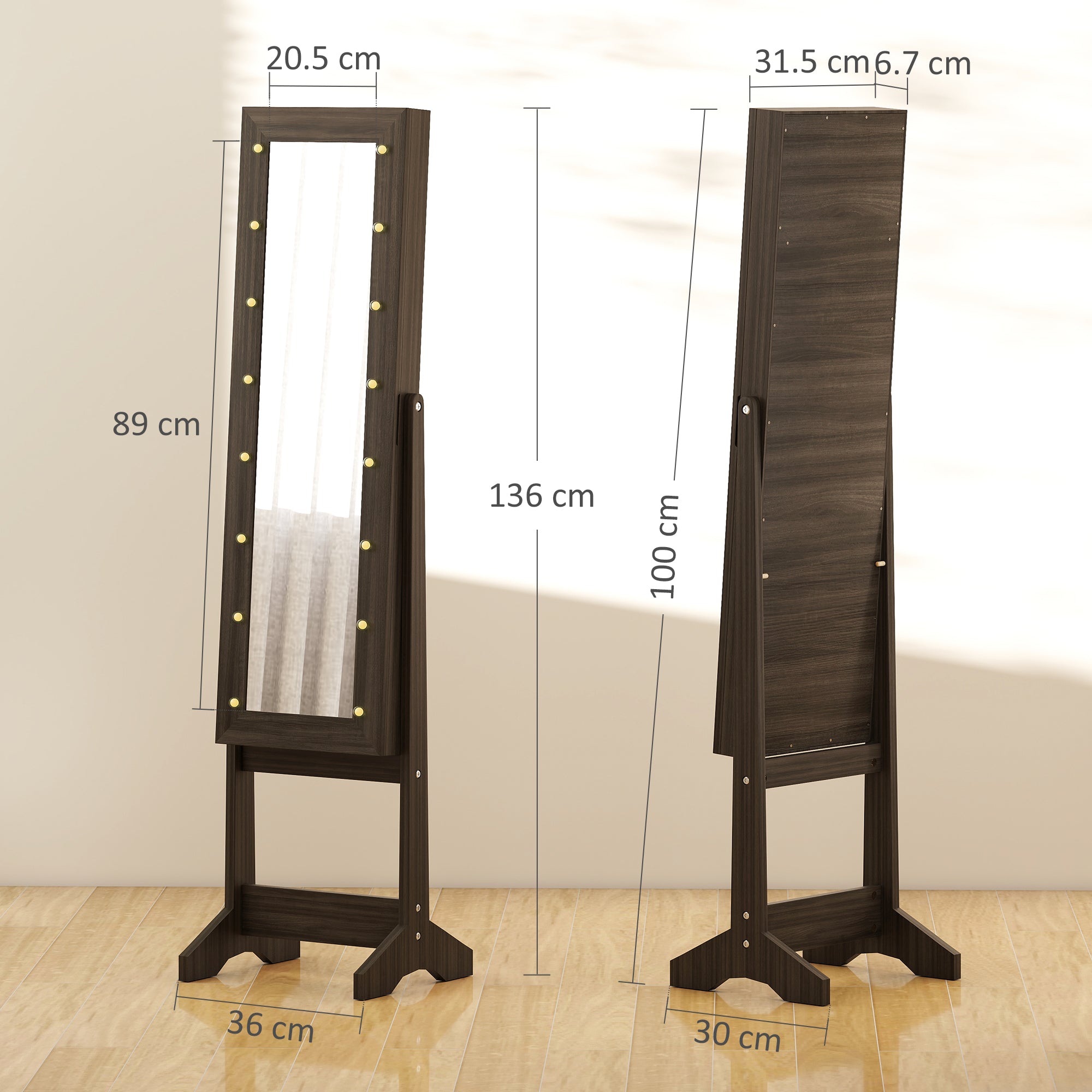 HOMCOM Free Standing Mirror Jewelry Cabinet with LED Lights, Jewellery Organiser with 3 Angle Adjustable, Full-Length Mirror with Storage for Earrings, Necklaces, Rings and Lipsticks, Dark Brown