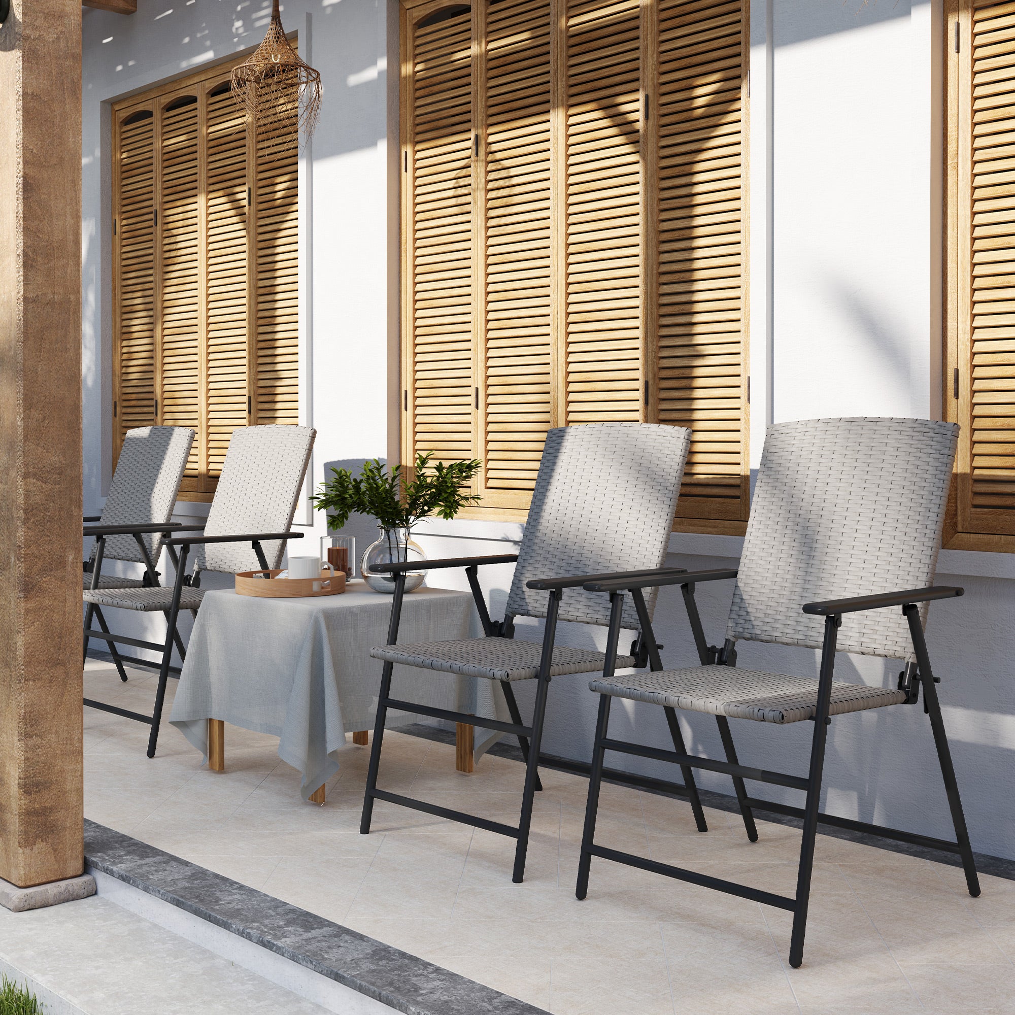 Outsunny Set of Four Folding Rattan Seat Chairs - Grey - North Peak Garden Furniture