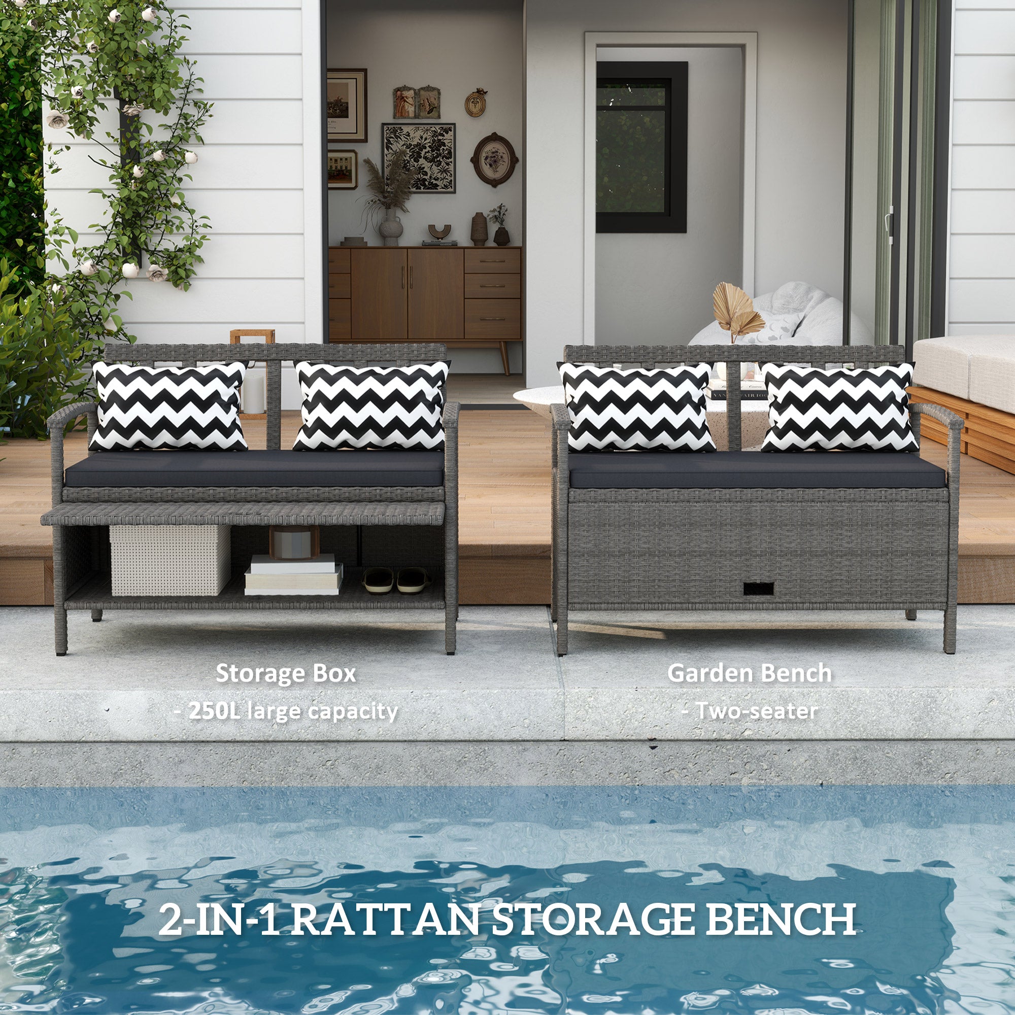 Outsunny 160L Storage Two-Seater Rattan Bench - Grey - North Peak Garden Furniture