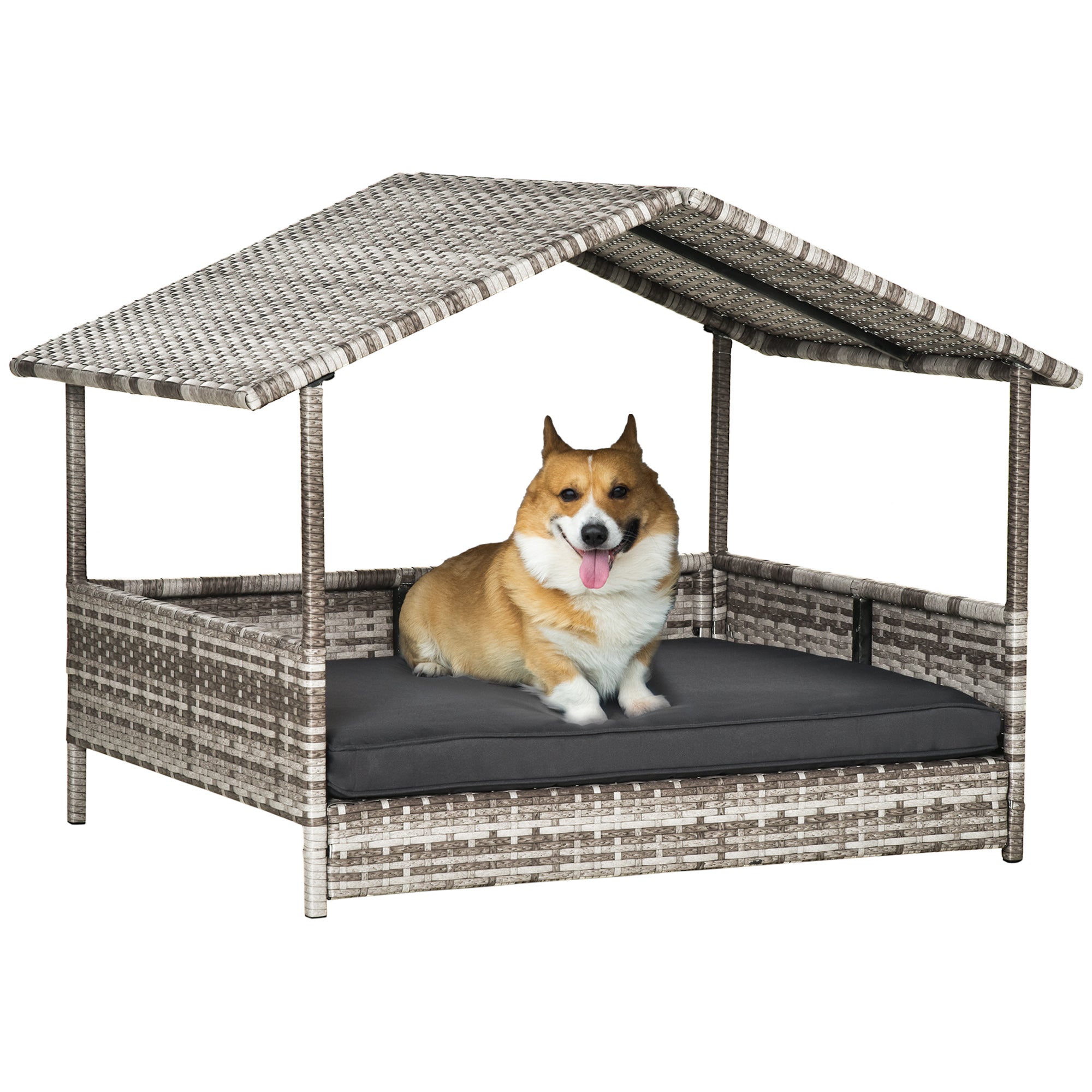 PawHut Wicker Dog House, Rattan Pet Bed, with Removable Cushion, Canopy, for Small and Medium Dogs - Dark Grey - North Peak Garden Furniture