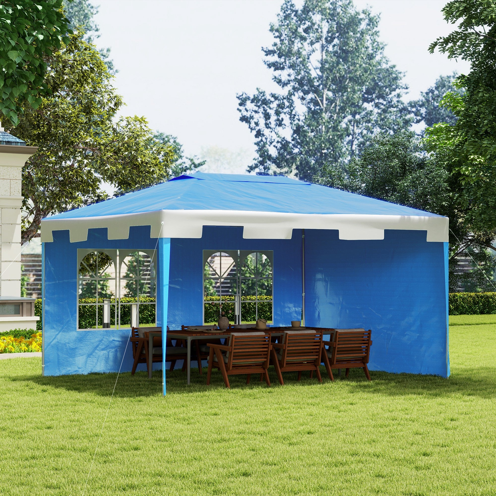 Outsunny 3 x 4 m Garden Gazebo Shelter Marquee Party Tent with 2 Sidewalls for Patio Yard Outdoor, Blue