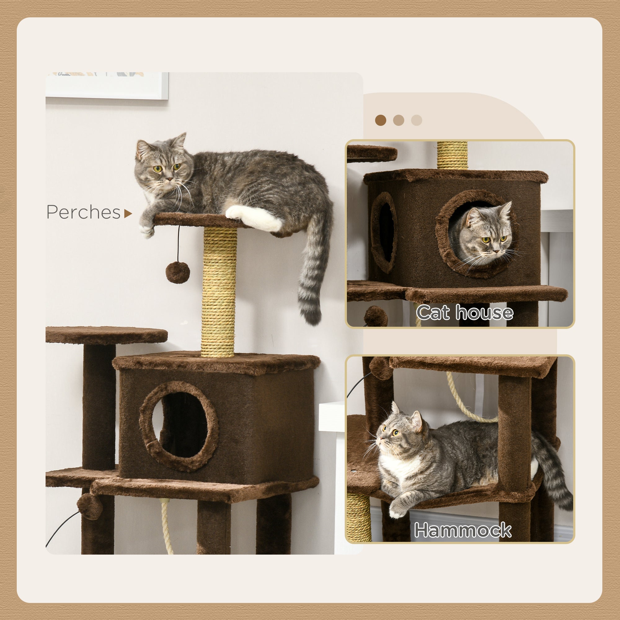 PawHut 136cm Cat Tree for Indoor Cats, Modern Cat Tower with Scratching Posts, house, Platforms, Toy Ball - Brown - North Peak Garden Furniture