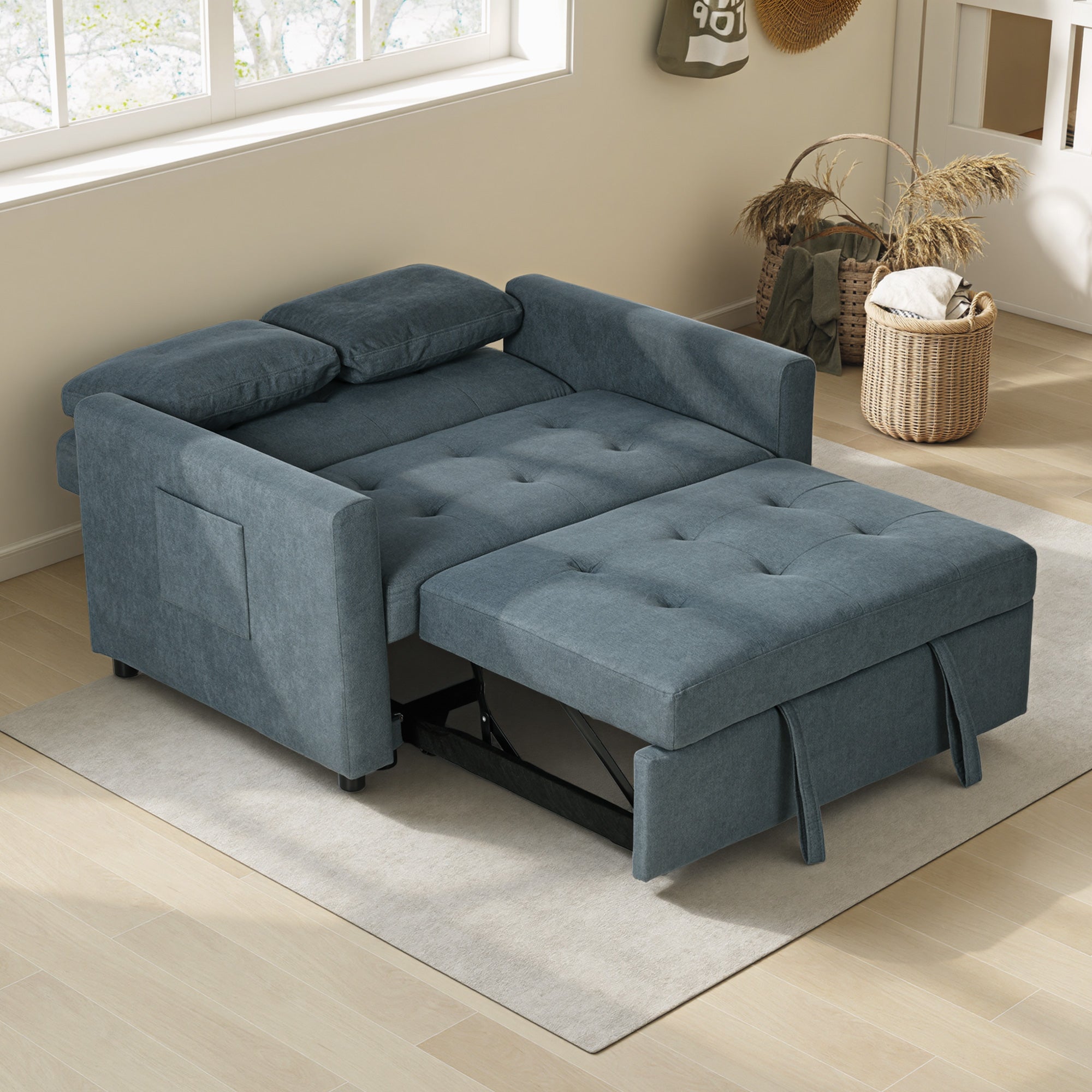 HOMCOM Loveseat Sofa Bed, Convertible Bed Settee with 2 Cushions, Side Pockets for Living Room, Charcoal Grey