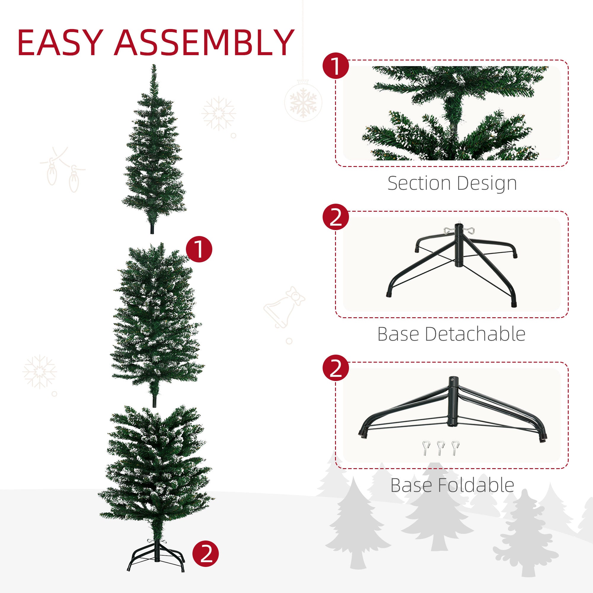 HOMCOM 6FT Artificial Snow Dipped Christmas Tree Xmas Pencil Tree Holiday Home Indoor Decoration with Foldable Black Stand, Green - North Peak Garden Furniture