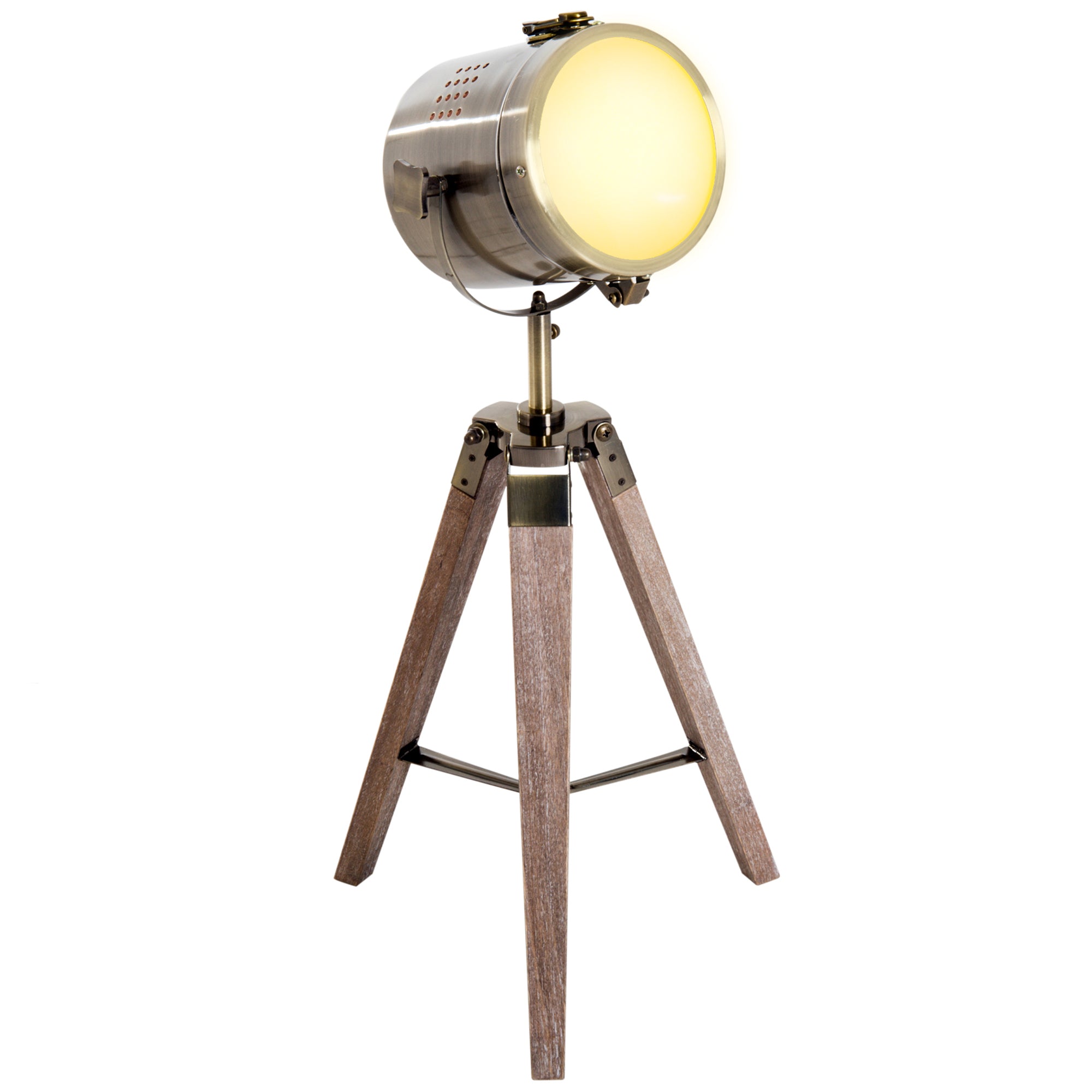 HOMCOM Vintage Tripod Table Desk Lamp Bedside Light Spotlight Brass Antique Searchlight Wooden Base - North Peak Garden Furniture