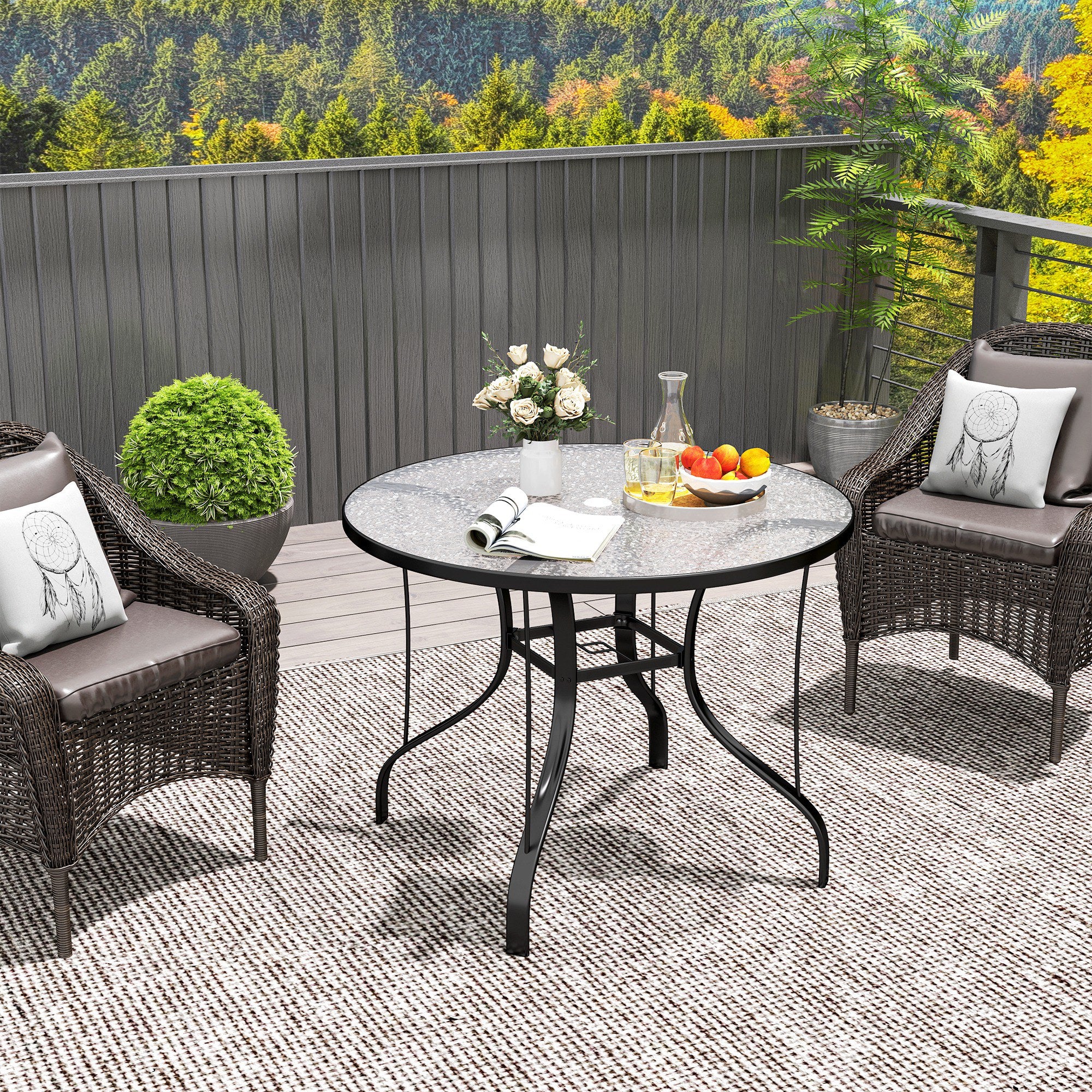 Outsunny Tempered Glass Top Round Outdoor Dining Table with Parasol Hole, 96.5 x 96.5 x 71 cm - North Peak Garden Furniture