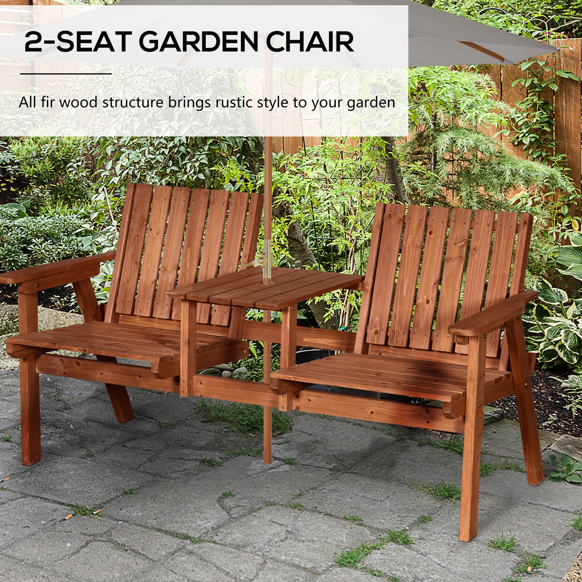 Outsunny 2-Seater Fir Wood Bench w/ Centre Table - North Peak Garden Furniture