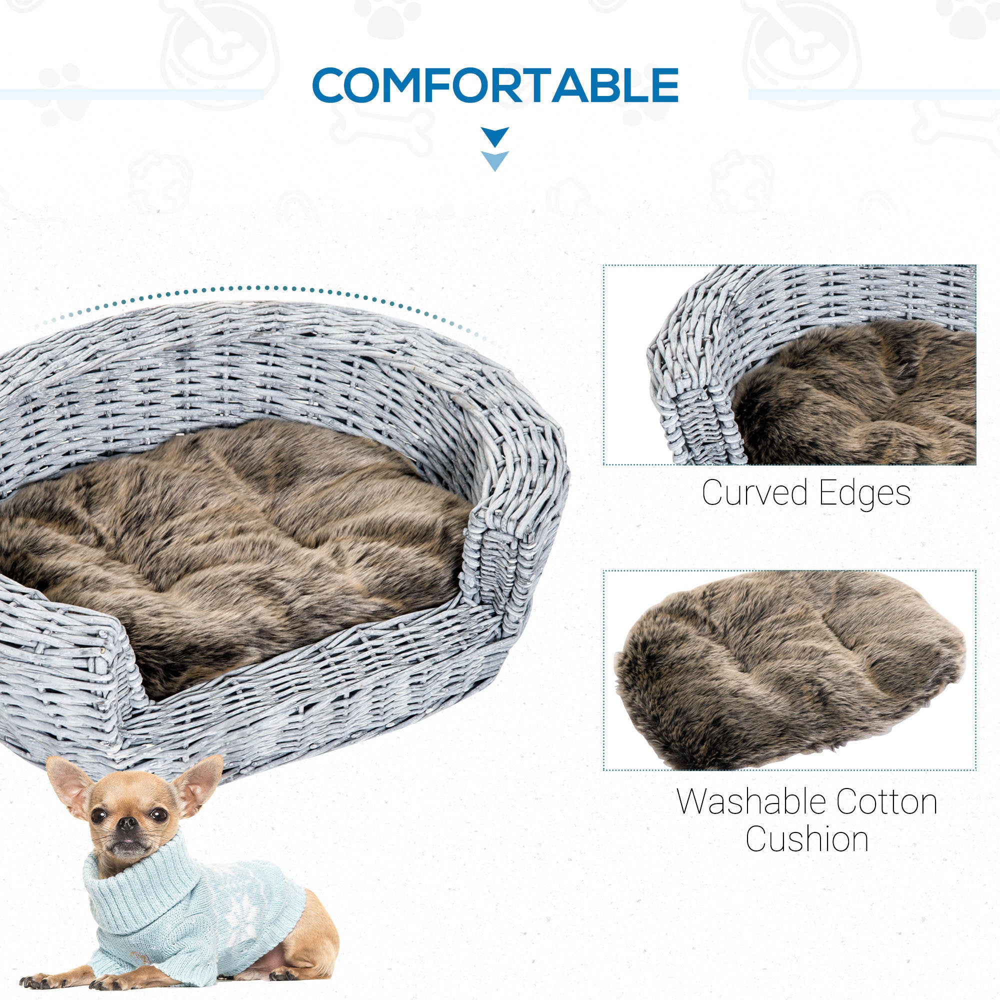 PawHut Willow Pet Sofa: Rattan Basket with Soft Cushion for Cats & Small Dogs, Durable Design, 57Lx46Wx17.5H cm, Grey