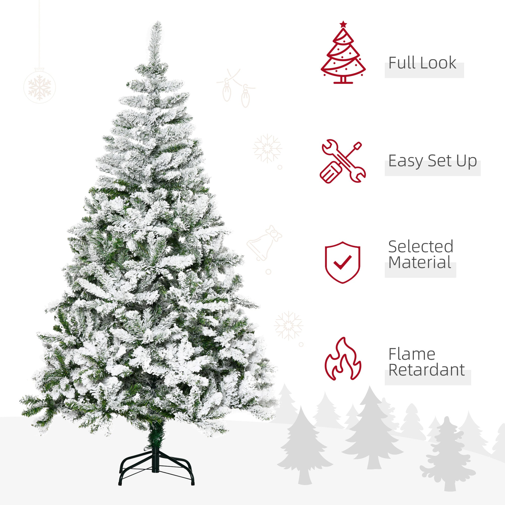 HOMCOM 6 Ft Snow Flocked Artificial Christmas Tree Xmas Pine Tree with Realistic Branches, Auto Open and Steel Base, Green