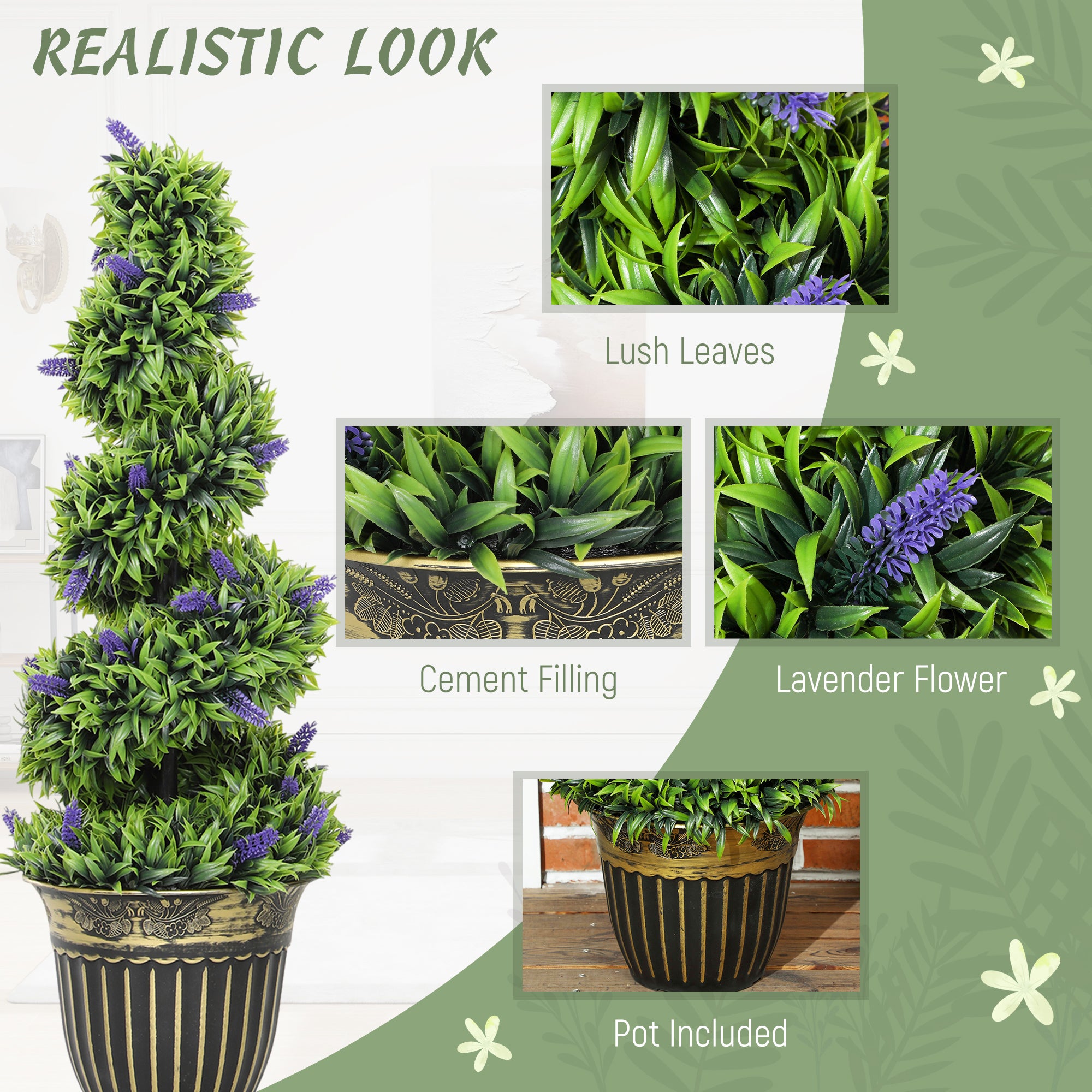 HOMCOM Set of 2 Decorative Artificial Plants, Boxwood Spiral Topiary Tree with Lavender and Pot, Fake Plants for Home Indoor Outdoor Decor, 90cm - North Peak Garden Furniture