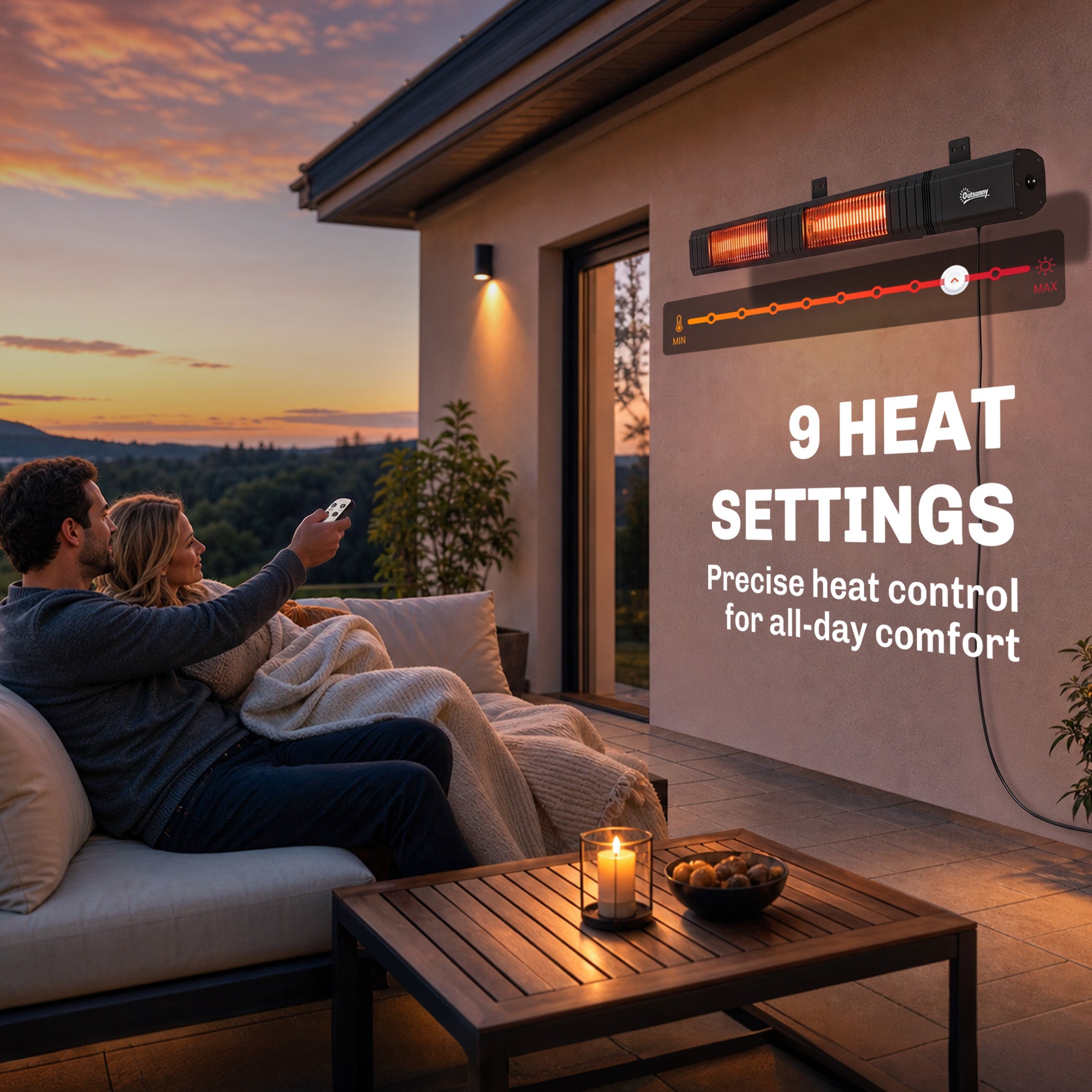 Outsunny 3000 W Electric Infrared Patio Heater, Wall Mounted IP65 Garden Heater with 9 Heat Settings, 24 H Timer, Black