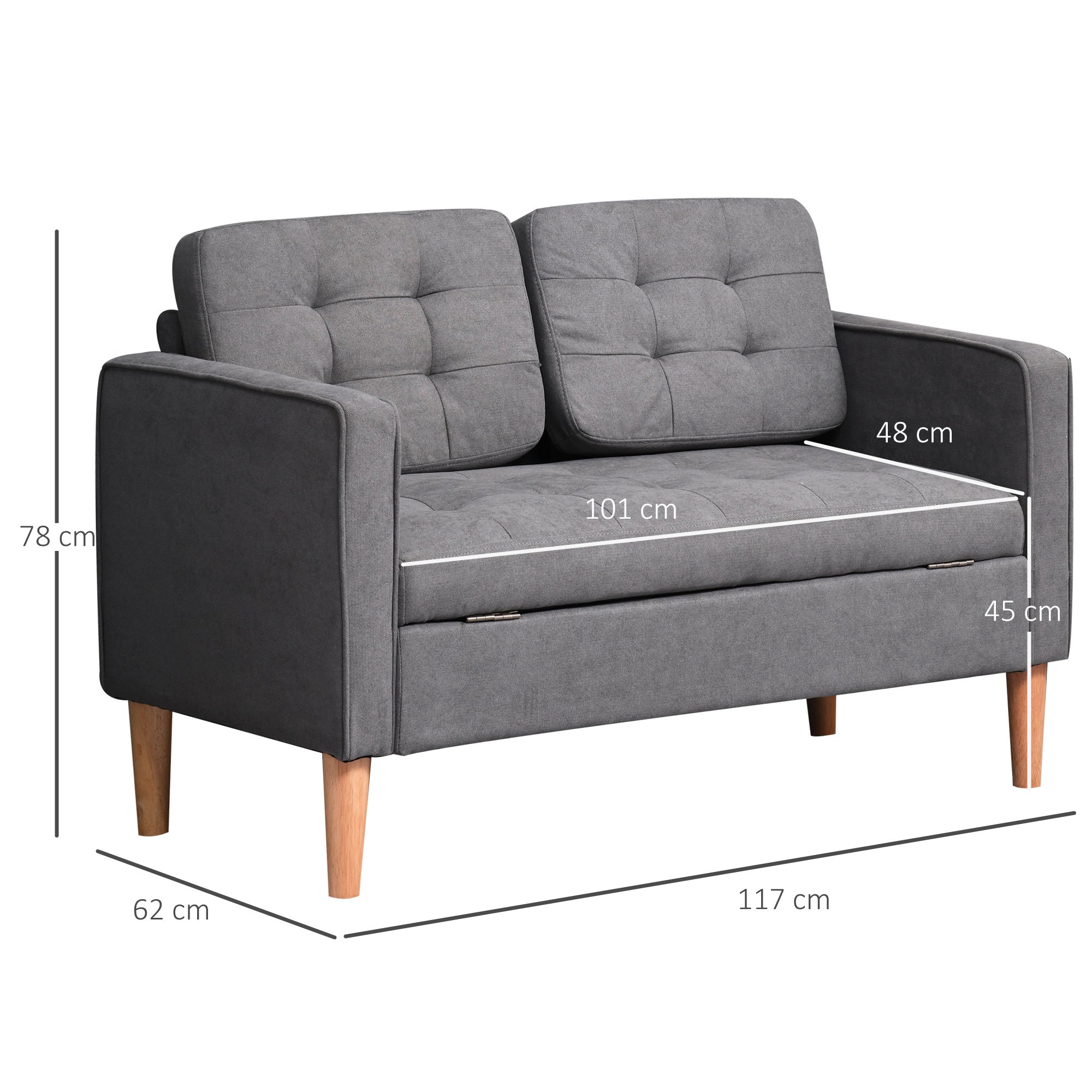 HOMCOM Modern 2 Seater Sofa with Hidden Storage, 117cm Tufted Cotton Couch with Wood Legs, Compact Loveseat for Living Room, Kitchen, Grey