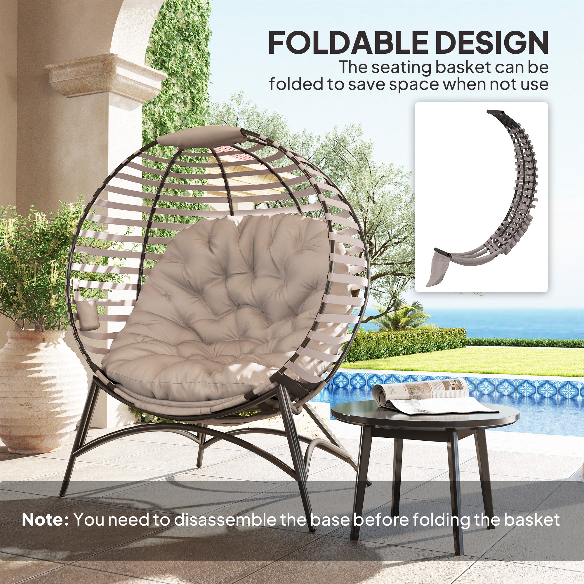 Outsunny Egg Chair with Cushion & Side Pocket - Light Grey - North Peak Garden Furniture