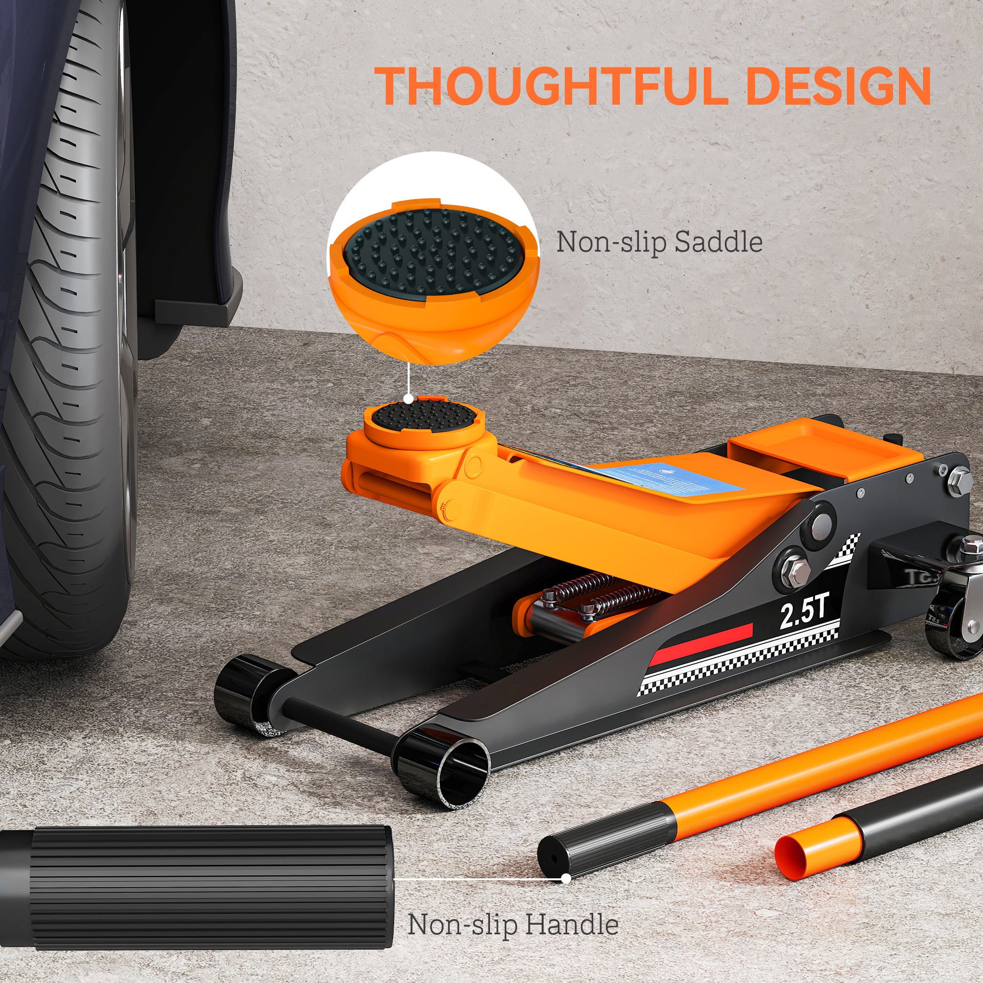 HOMCOM 2.5 Ton Hydraulic Low-Profile Floor Jack, with 7.5-47cm Lifting Range, Wheels, Orange - North Peak Garden Furniture