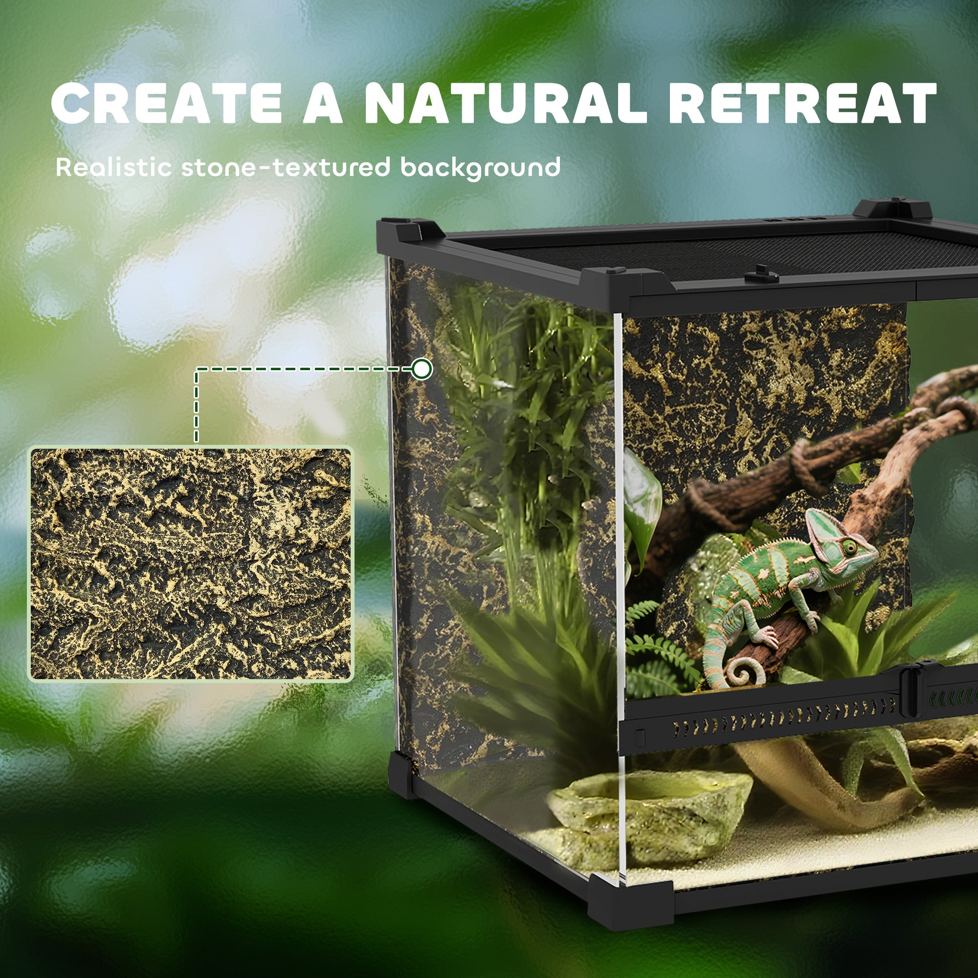 PawHut Reptile Glass Terrarium with Stone Background, Front Ventilation, Escape-Proof Knob Lock, 30 x 30 x 30 cm, Black