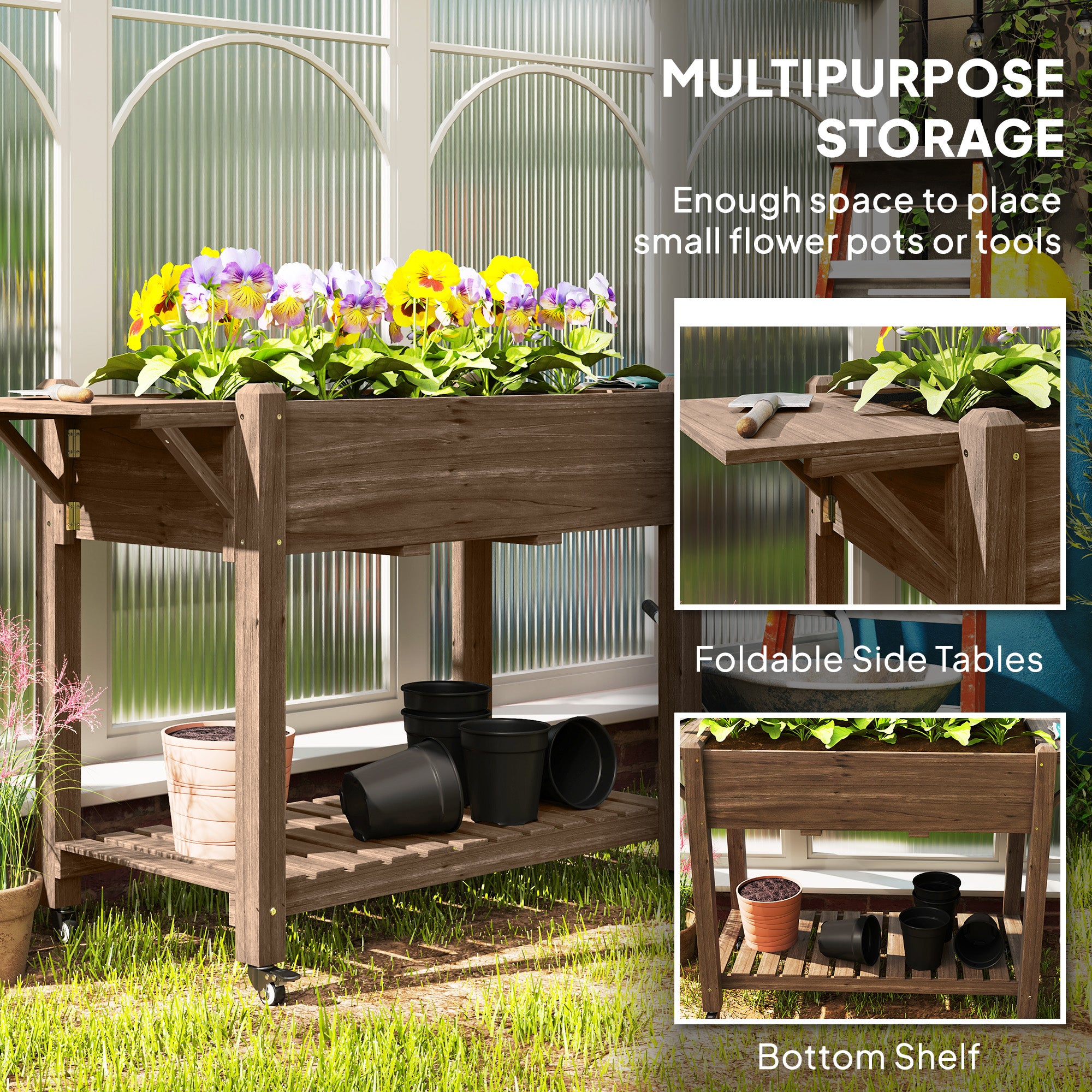 Outsunny 46 x 94cm Wooden Raised Planter, with Shelves - Carbonised - North Peak Garden Furniture