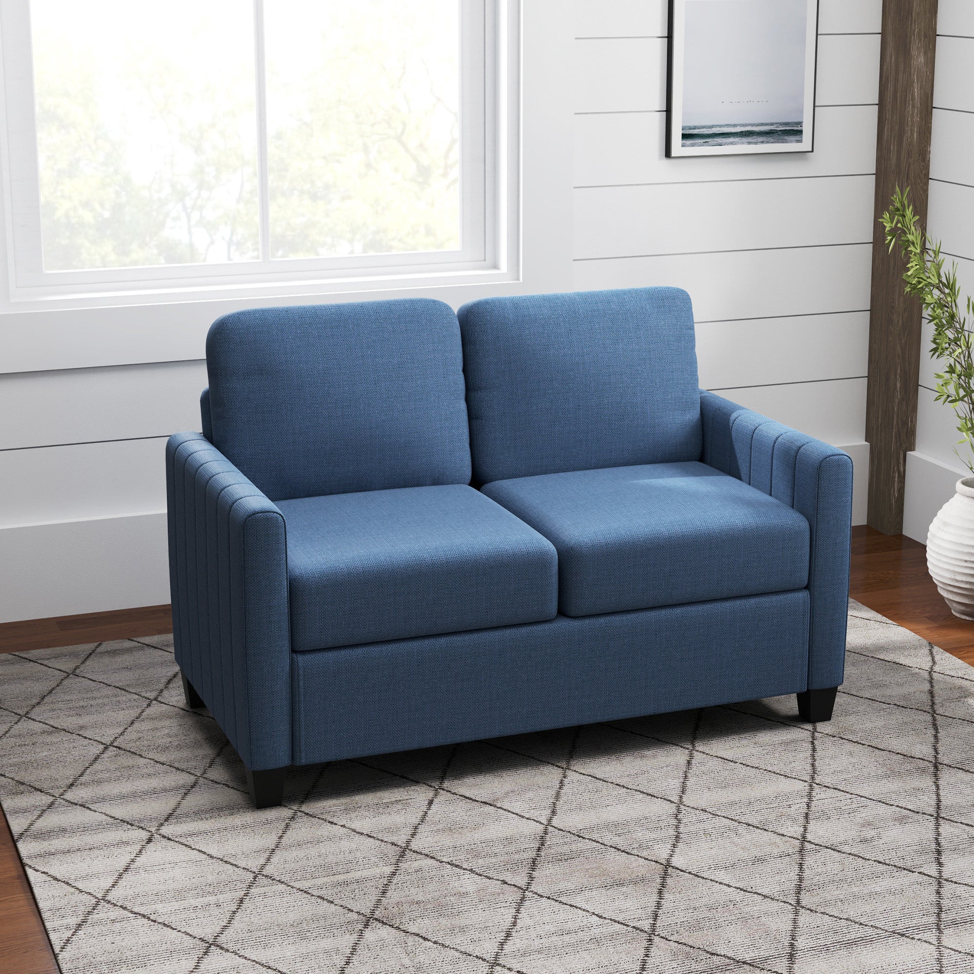 HOMCOM Modern Boxy Linen-Look Two-Seater Sofa - Blue - North Peak Garden Furniture
