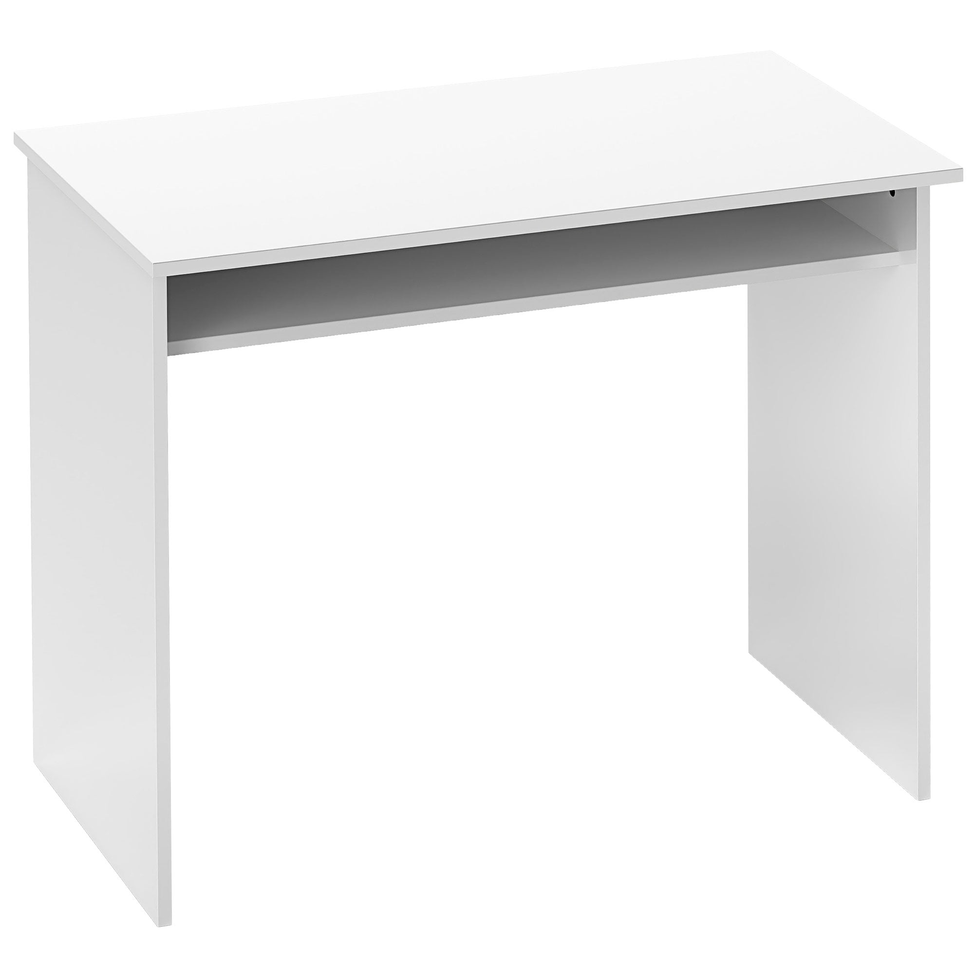 HOMCOM 90 x 50cm Computer Table, Modern Home Office Desk, Small Writing Desk with Storage Shelf, High Gloss White - North Peak Garden Furniture