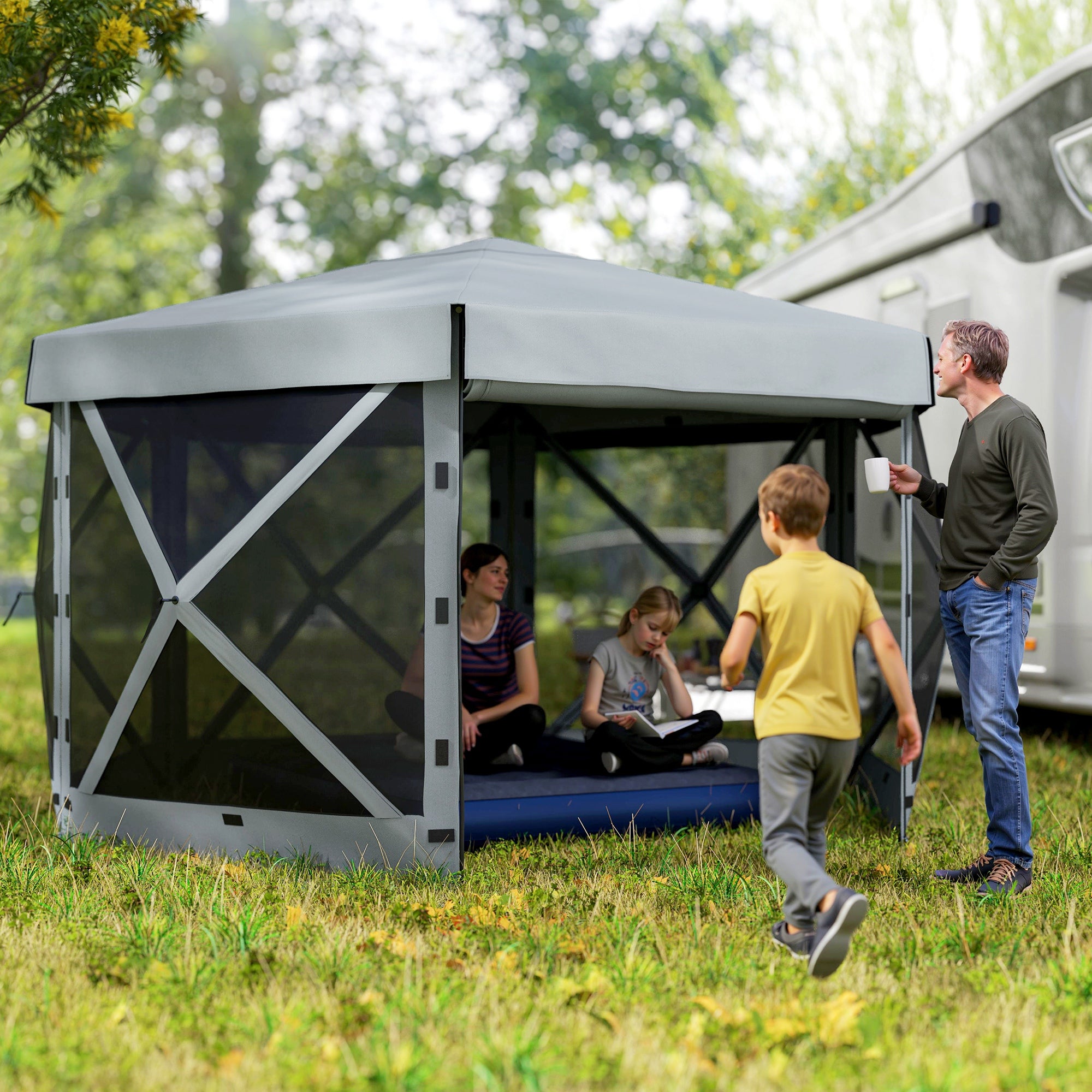 Outsunny 3 x 3(m) Hexagon Pop Up Gazebo with 5 Sides and Carry Bag, Waterproof, UV Resistant Party Tent Instant Event Shelter with Netting for Garden, Patio, Light Grey - North Peak Garden Furniture