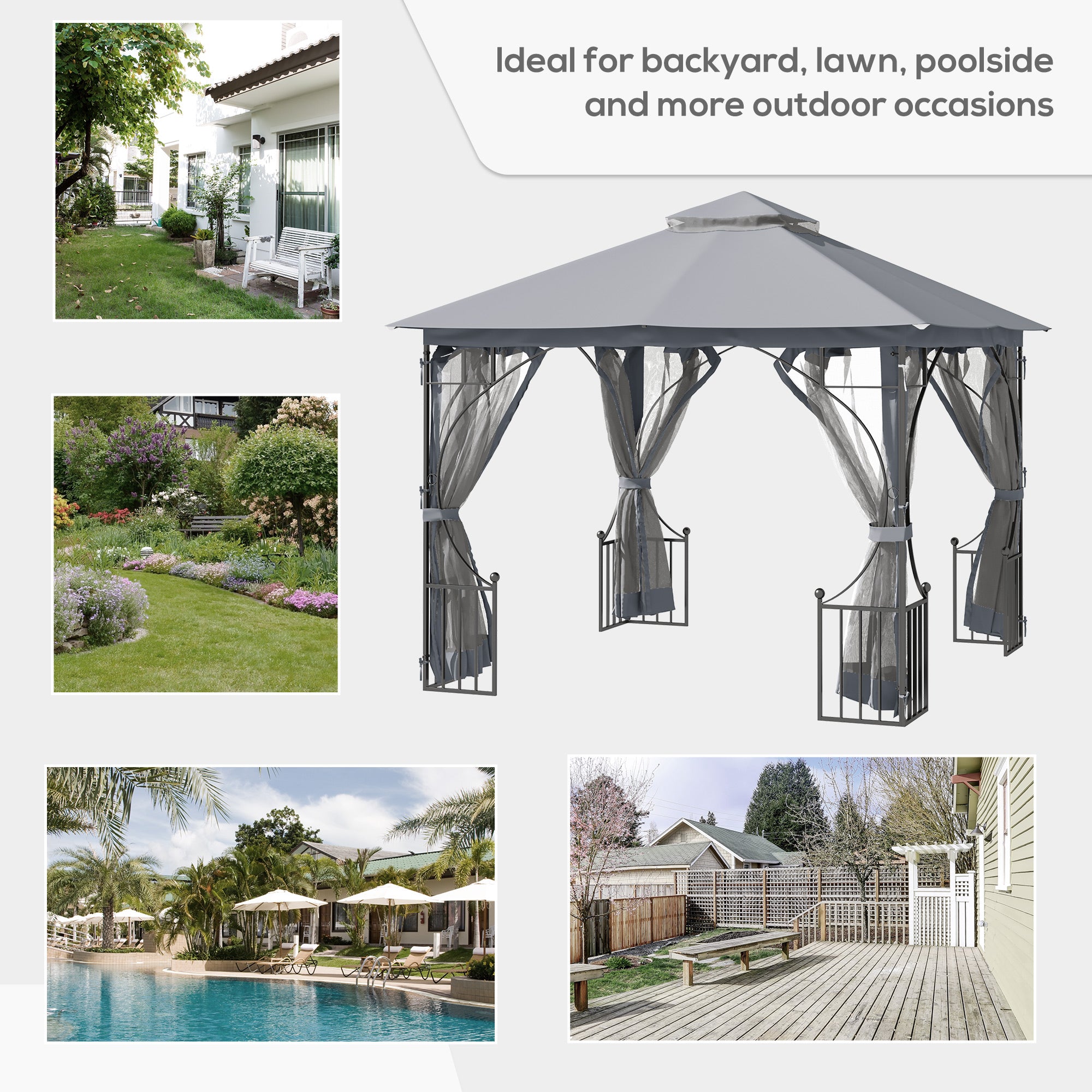 Outsunny 3 x 3(m) Garden Gazebo Patio Party Tent Shelter Outdoor Canopy Double Tier Sun Shade Metal Frame Netting Light Grey