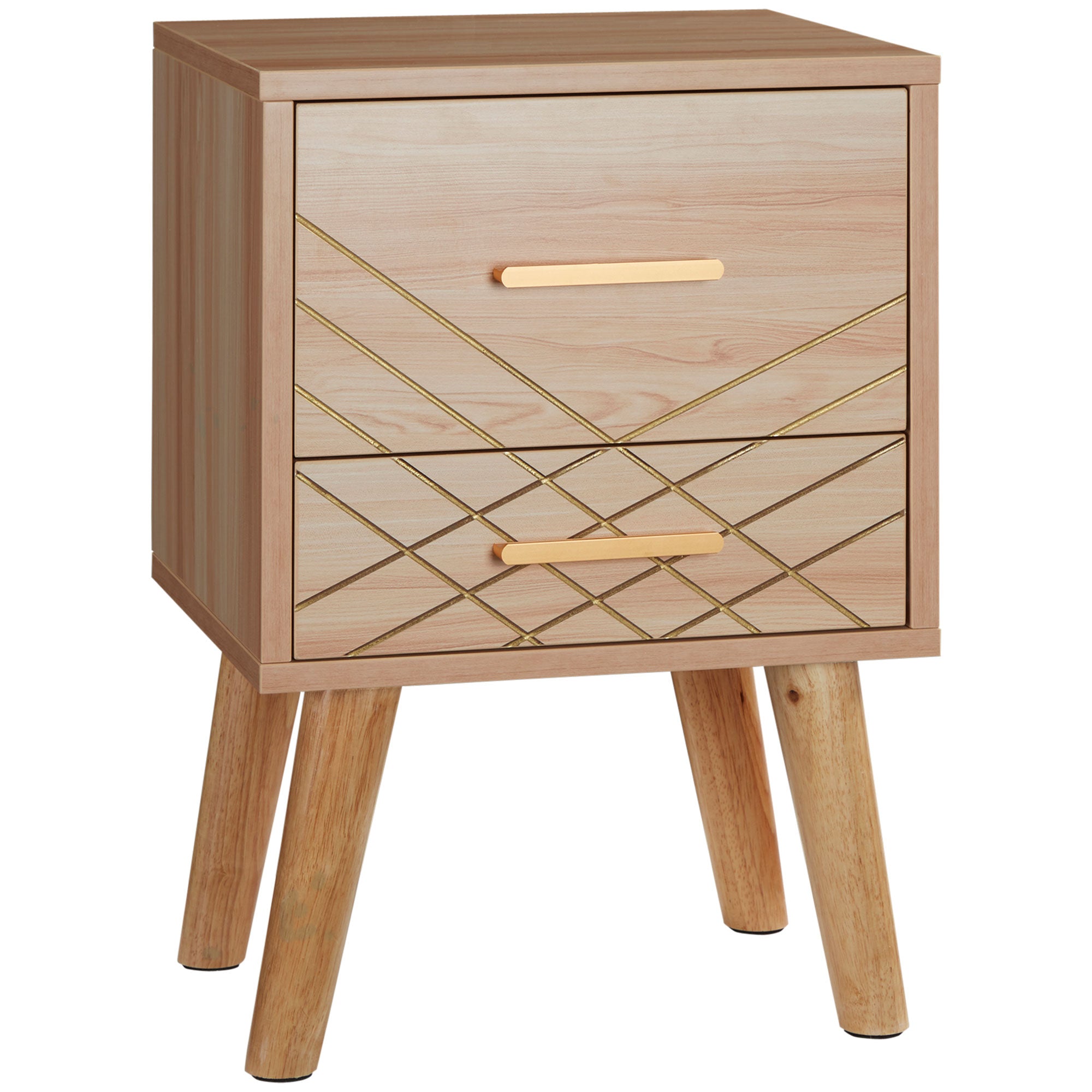 HOMCOM Bedside Cabinet, Scandinavian Bedside Table with Drawers, Bed Side Table with Wood Legs, Natural - North Peak Garden Furniture