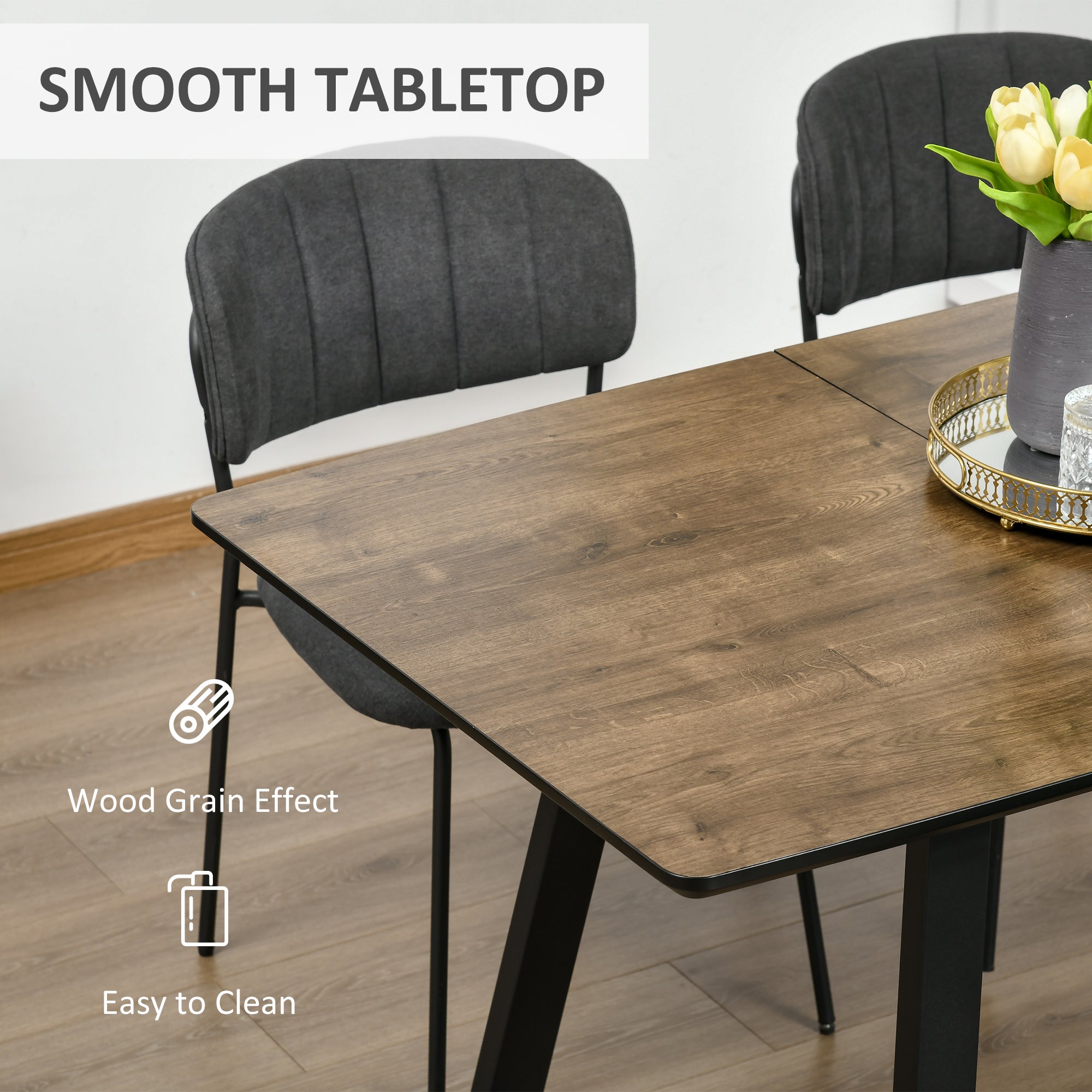 HOMCOM Extendable Dining Table Rectangular Wood Effect Tabletop for 4-6 People with Steel Frame & Hidden Leaves for Kitchen, Dining Room, Living Room - North Peak Garden Furniture