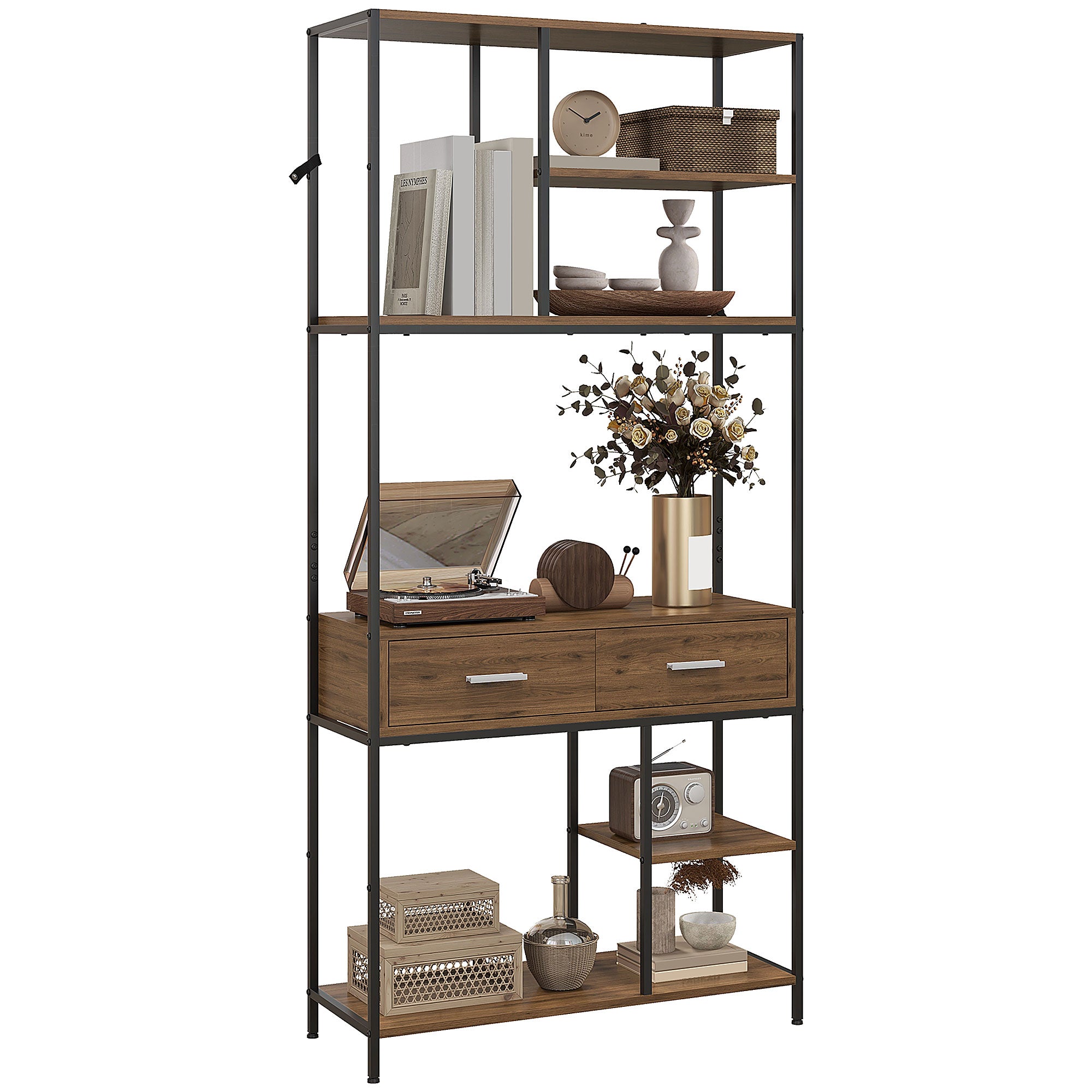 HOMCOM Seven-Shelf Industrial Display Shelf, with Drawers - Brown/Black - North Peak Garden Furniture