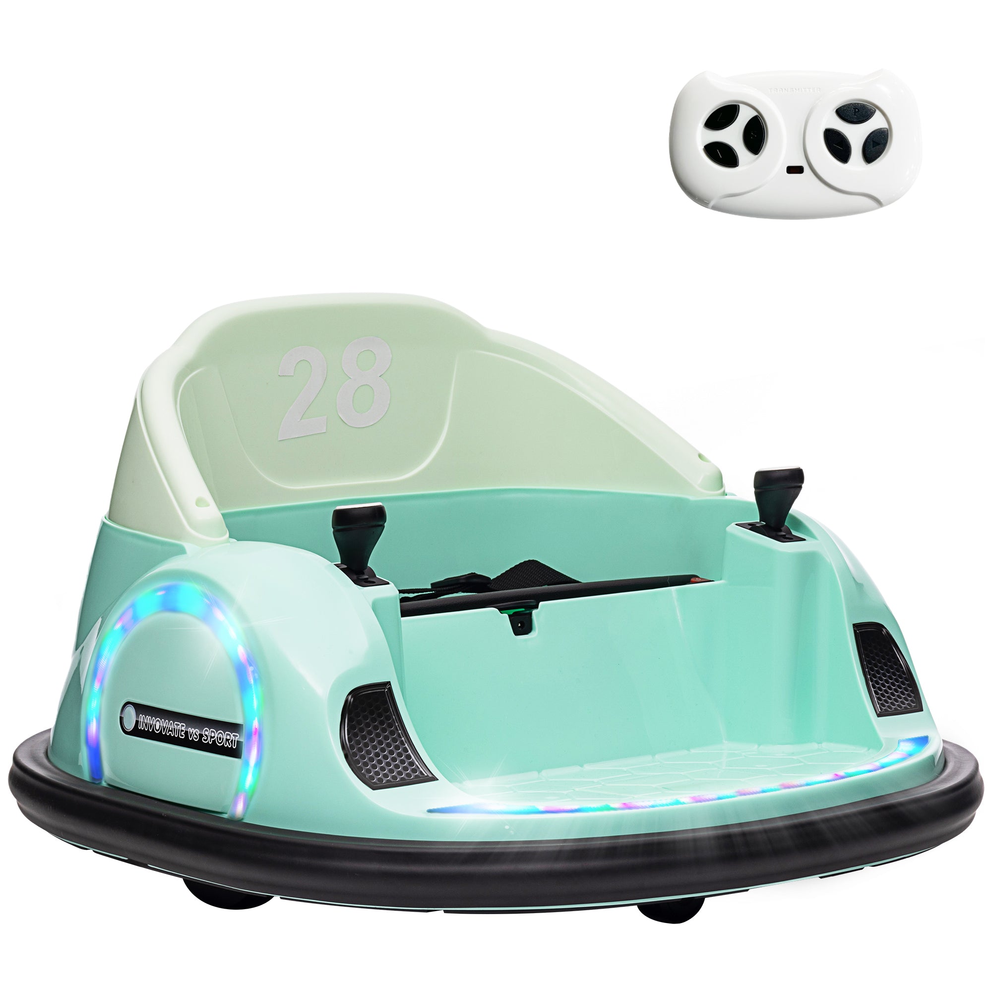 AIYAPLAY 360° Rotation Kids Bumper Car, 12V Waltz Car with Remote Control, Dual Joystick, Music, Lights, Green - North Peak Garden Furniture