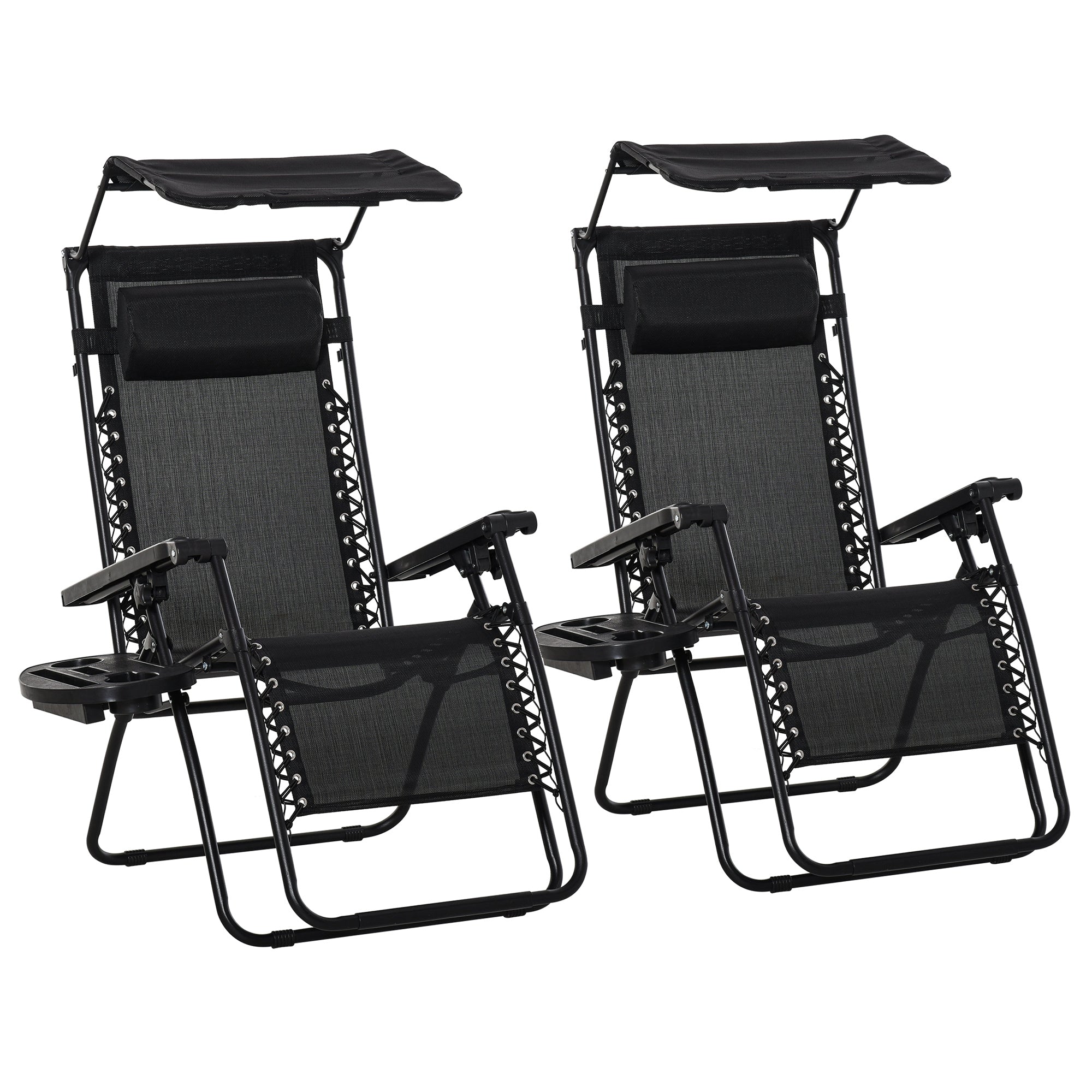 Outsunny 2 Piece Foldable Reclining Garden Chair with Headrest, Zero Gravity Deck Sun Lounger Seat Chair with Footrest, Armrest, Cup Holder & Canopy Shade, Black - North Peak Garden Furniture