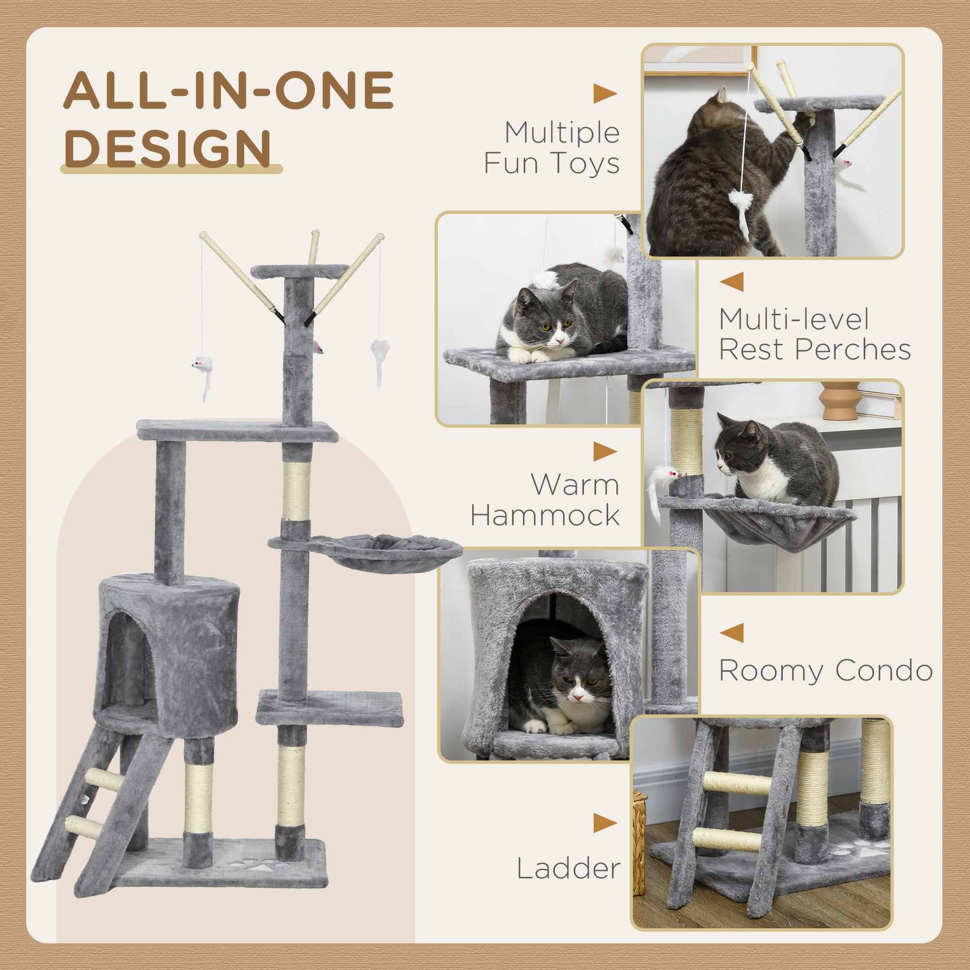 PawHut Cat Scratching Post Cat Tree for Indoor Cats Climbing Tower Scratcher w/ Ladder Kitty Activity Centre 135cm Grey - North Peak Garden Furniture