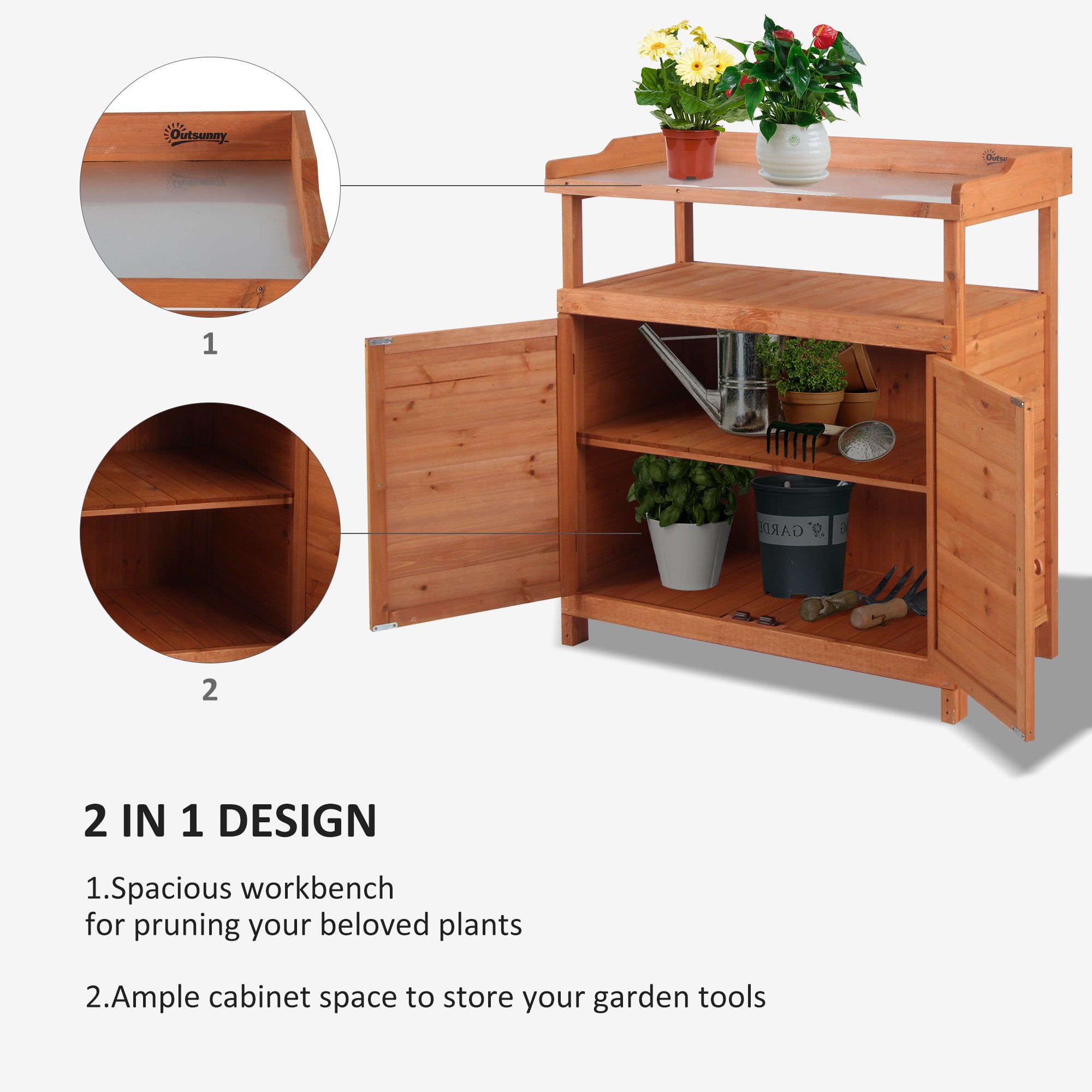 Outsunny Multi-function Potting Bench Table w/ Storage Cabinet and Galvanized Table Top, Wooden Planting Workstation, 98cm x 47cm x 105cm