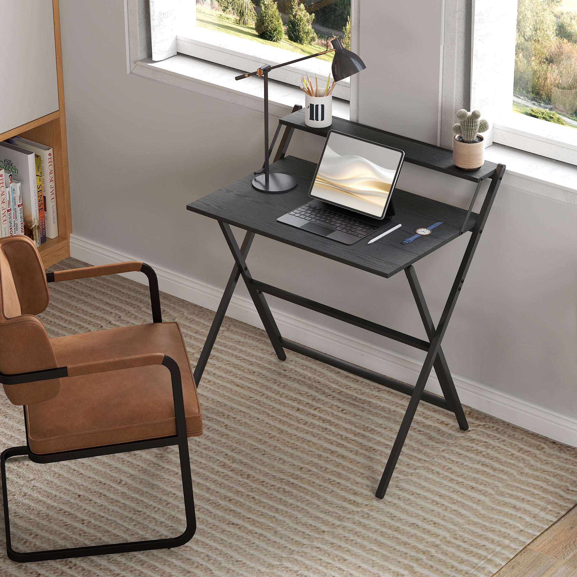 HOMCOM 81.5 cm Folding Computer Desk with Monitor Shelf - Black