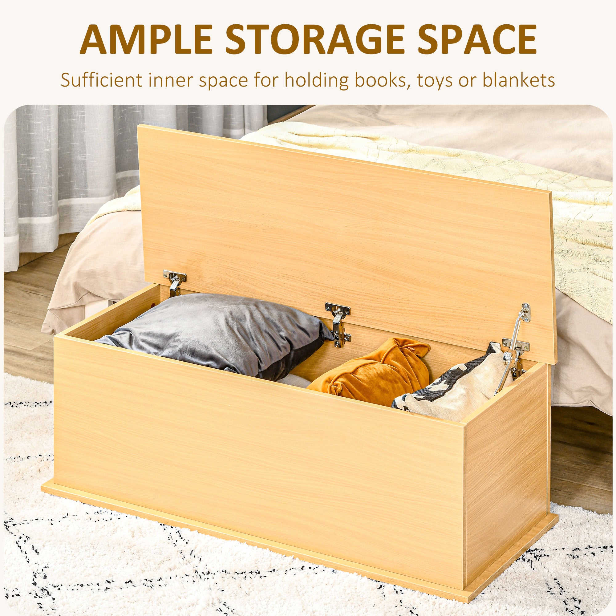 HOMCOM Wooden Storage Trunk, Clothes Toy Chest Bench Seat Ottoman, Bedding Blanket Container with Lid, Burlywood.